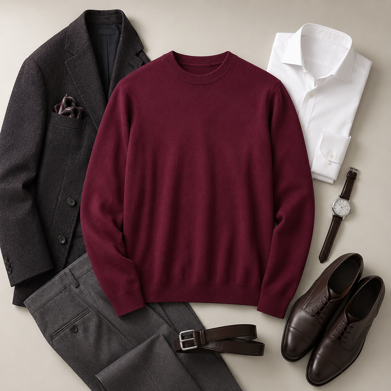 Essential Crew Neck Cashmere Sweater — Wine red