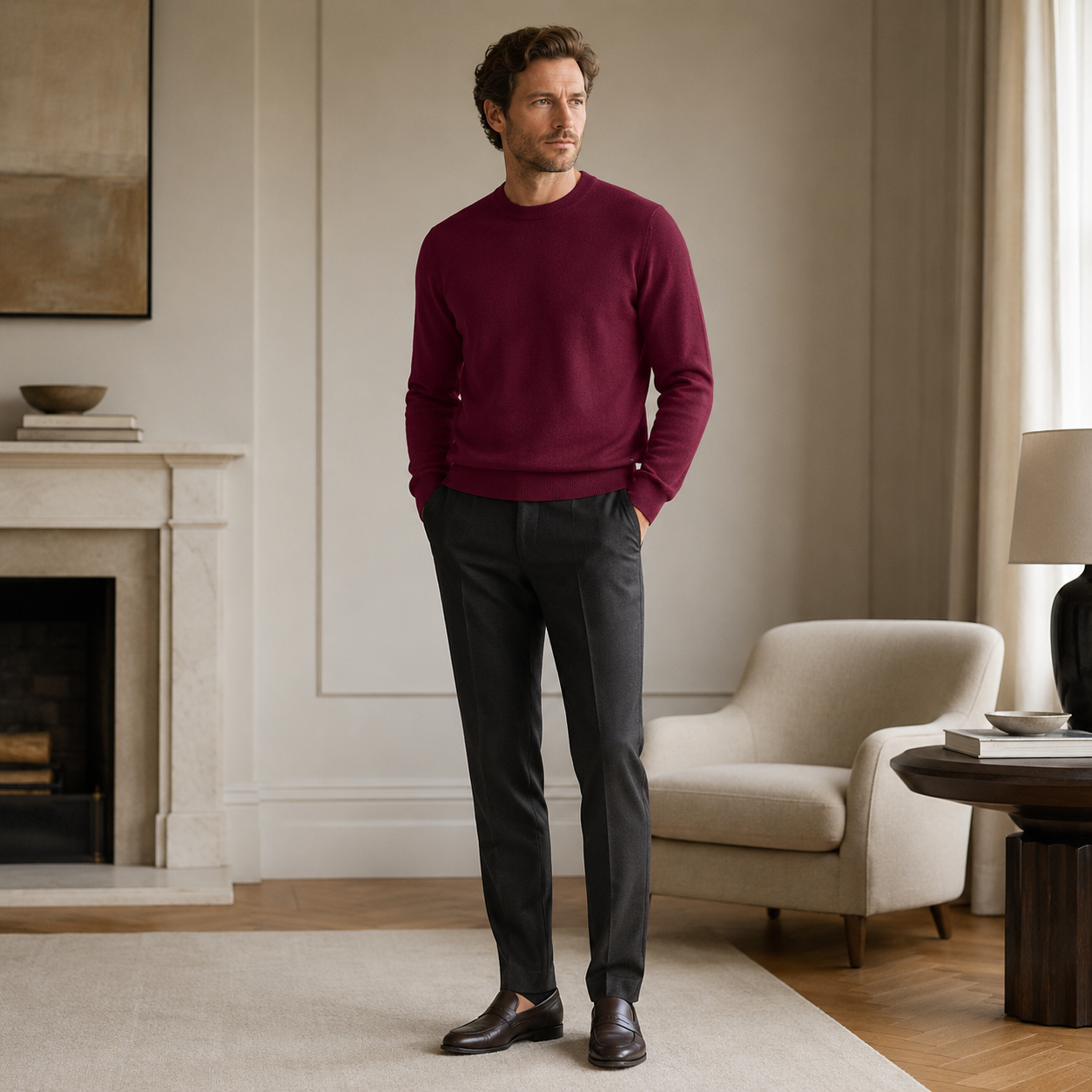 Essential Crew Neck Cashmere Sweater — Wine red