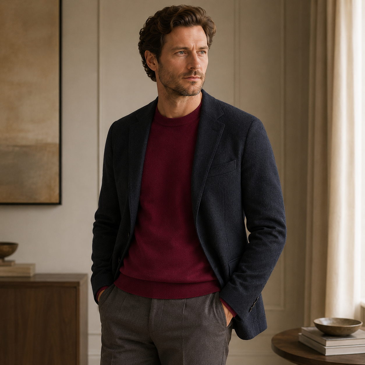 Essential Crew Neck Cashmere Sweater — Wine red