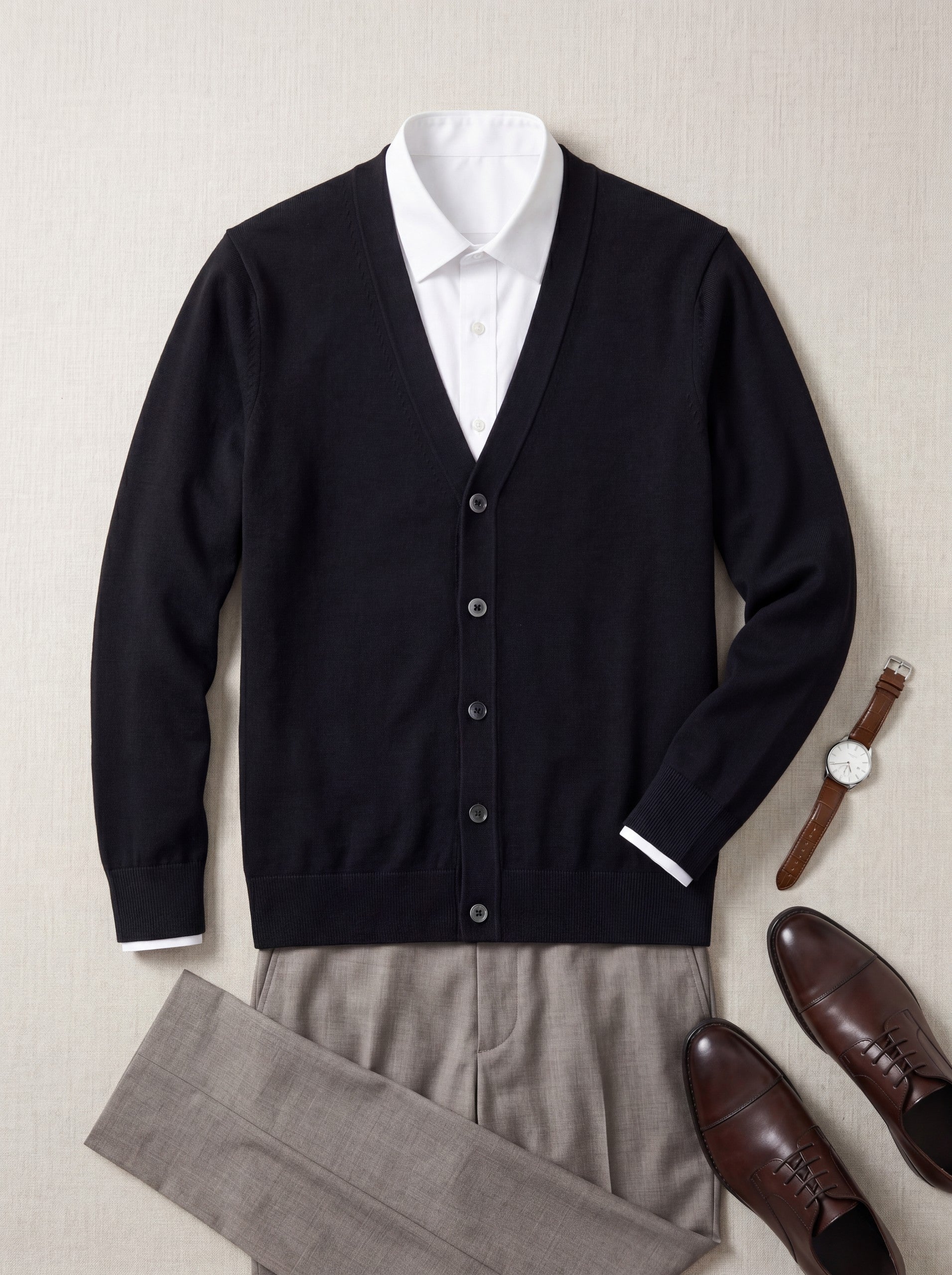 Solid V-Neck Wool Cardigan — Black