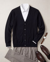 Solid V-Neck Wool Cardigan — Black