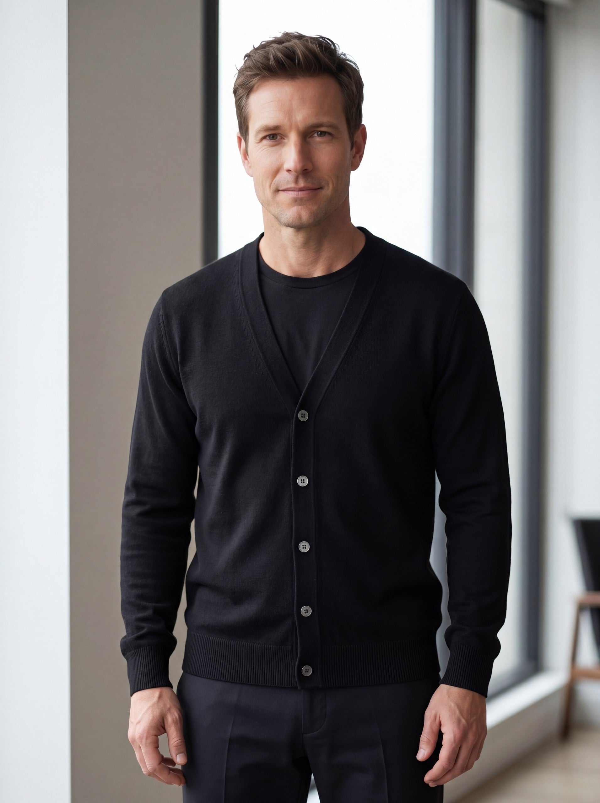Solid V-Neck Wool Cardigan — Black
