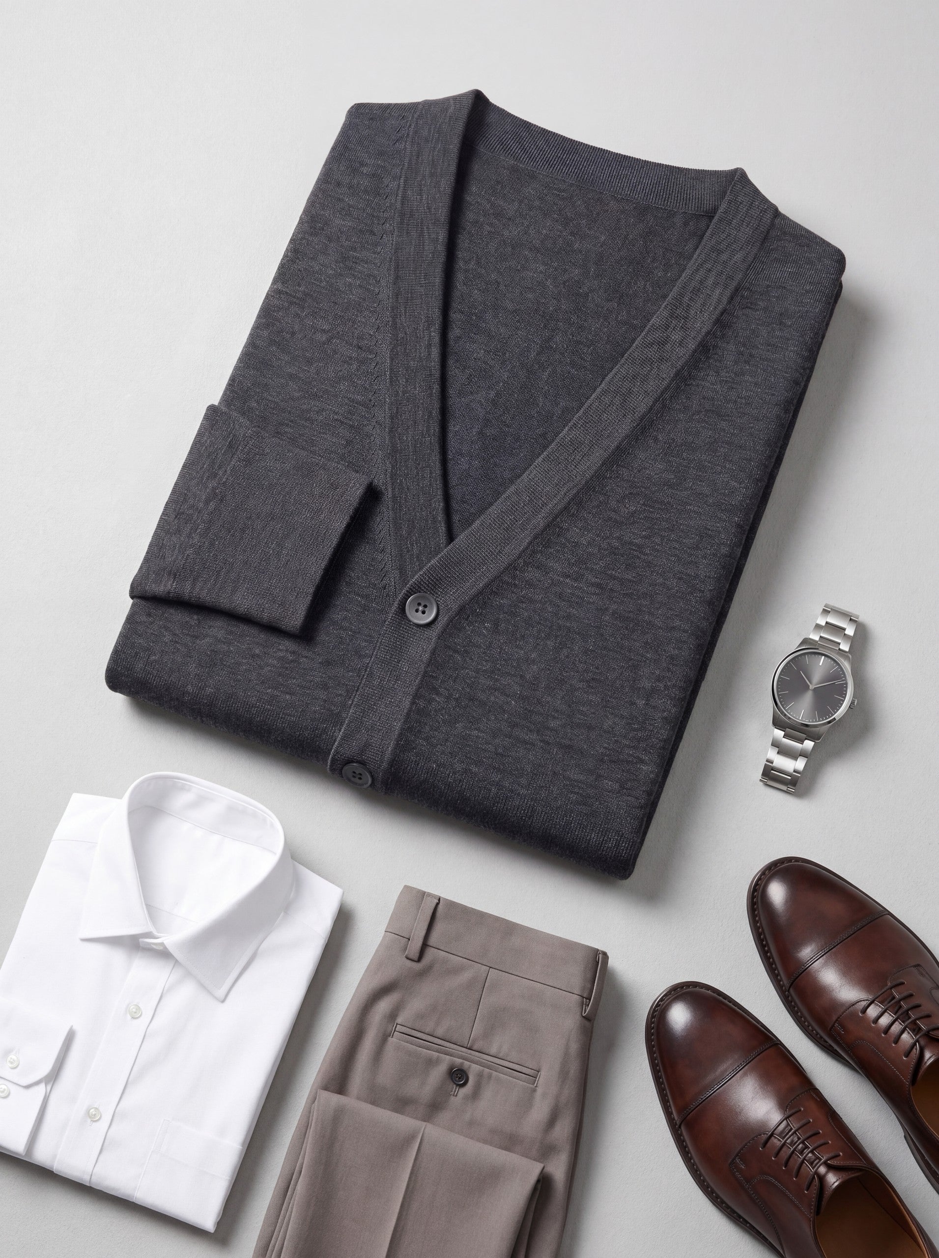 Solid V-Neck Wool Cardigan — Dark grey