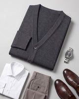 Solid V-Neck Wool Cardigan — Dark grey