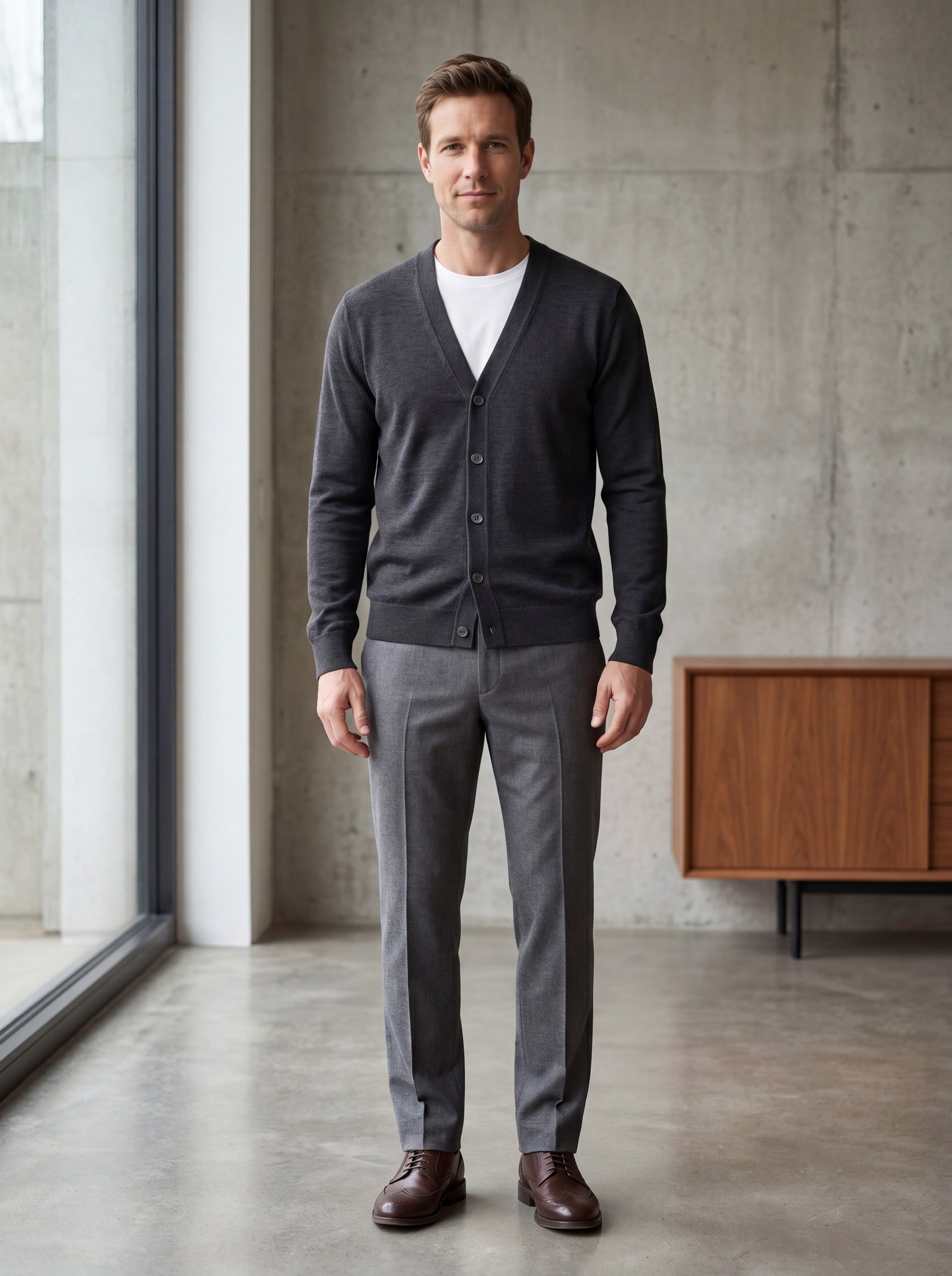 Solid V-Neck Wool Cardigan — Dark grey