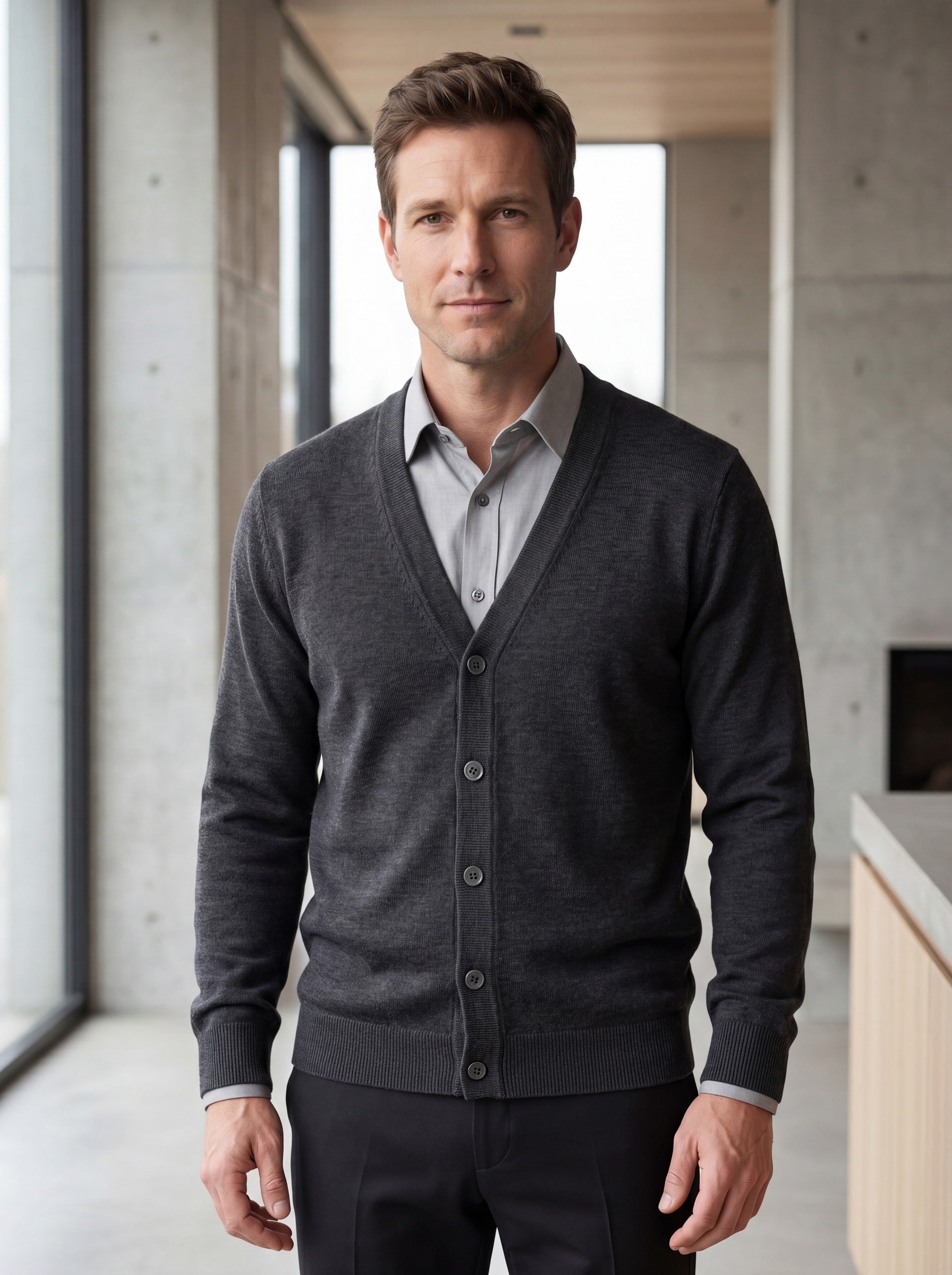 Solid V-Neck Wool Cardigan — Dark grey