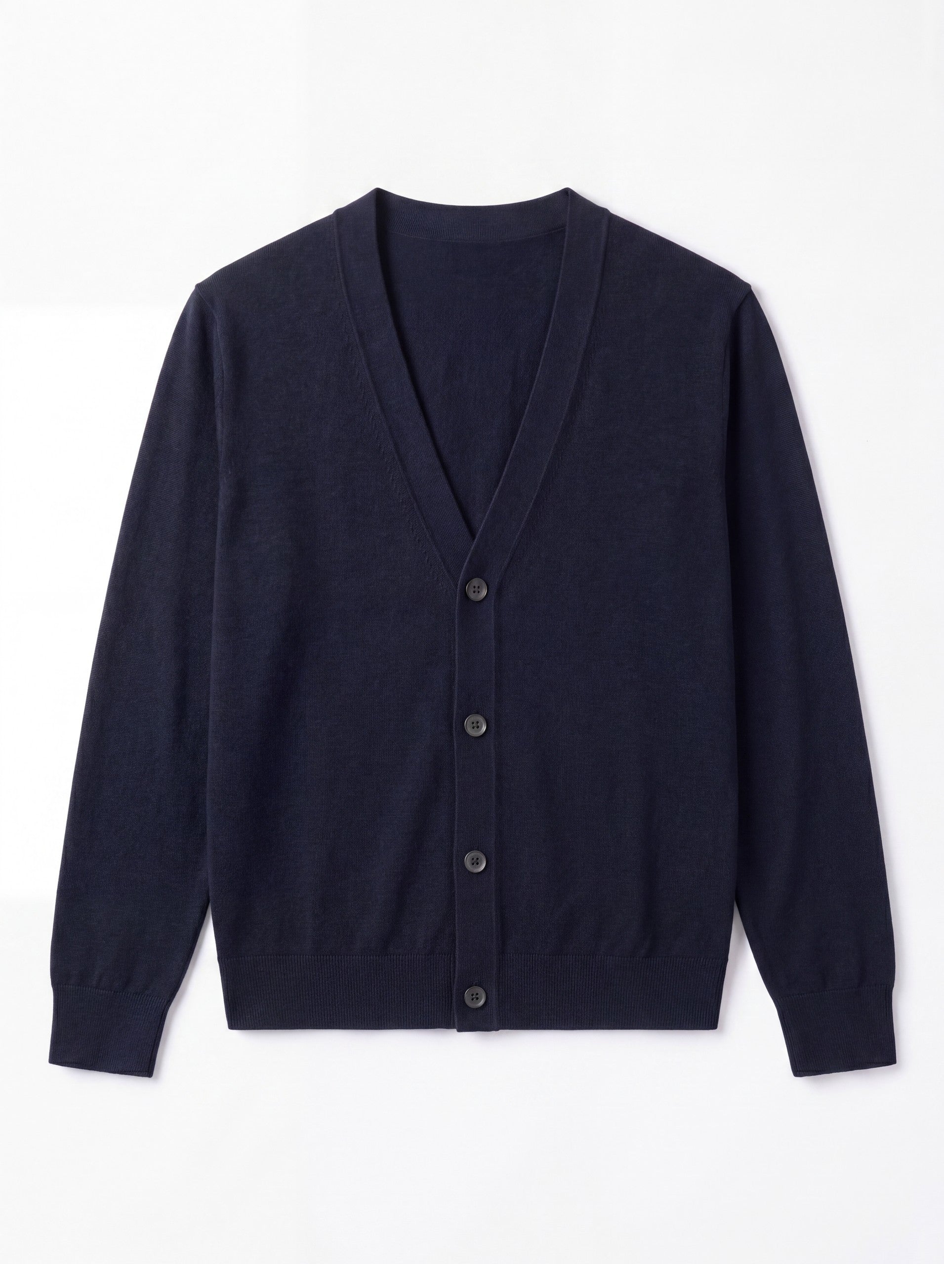 Solid V-Neck Wool Cardigan — Navy