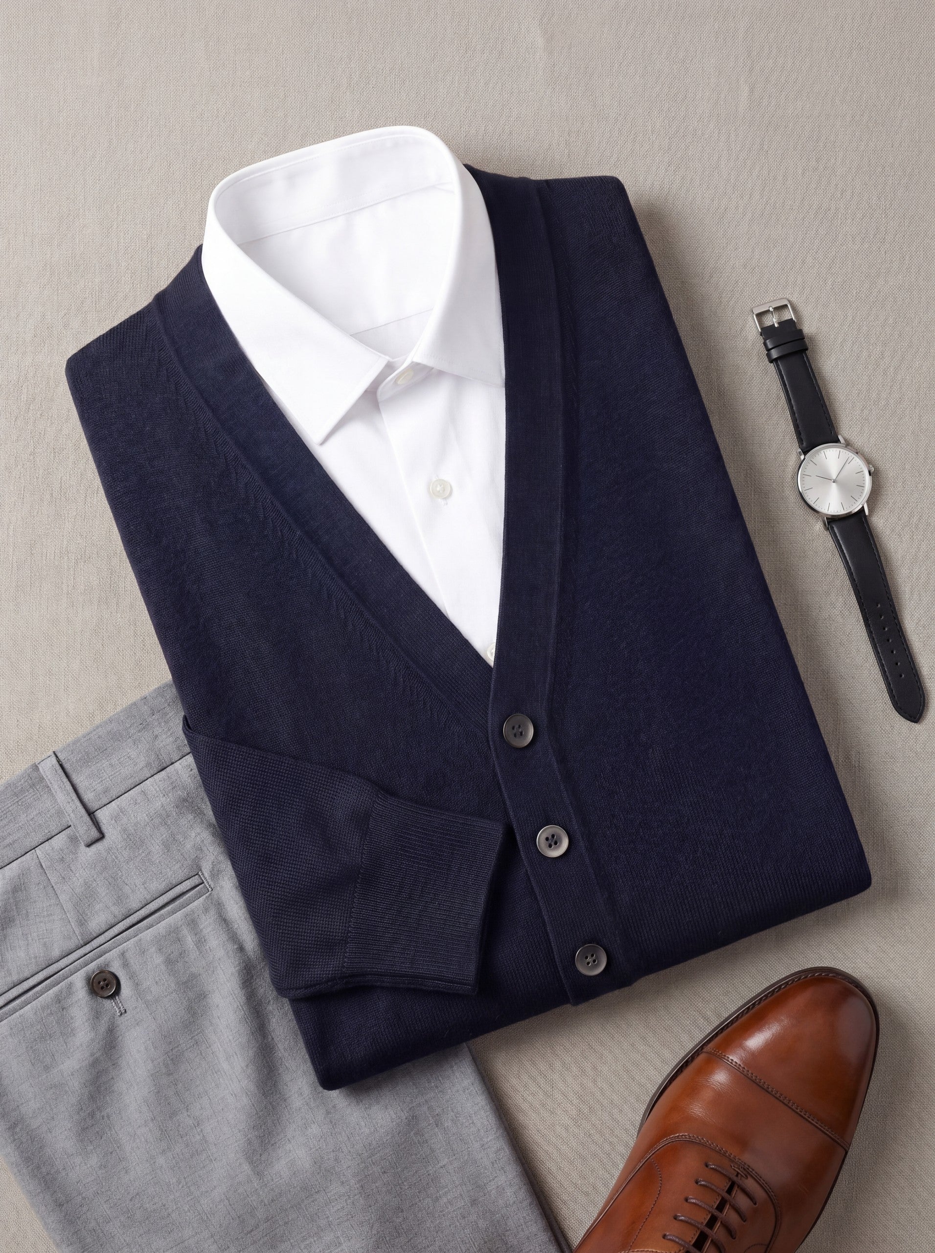 Solid V-Neck Wool Cardigan — Navy