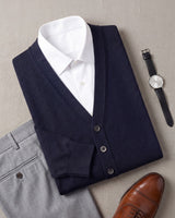 Solid V-Neck Wool Cardigan — Navy