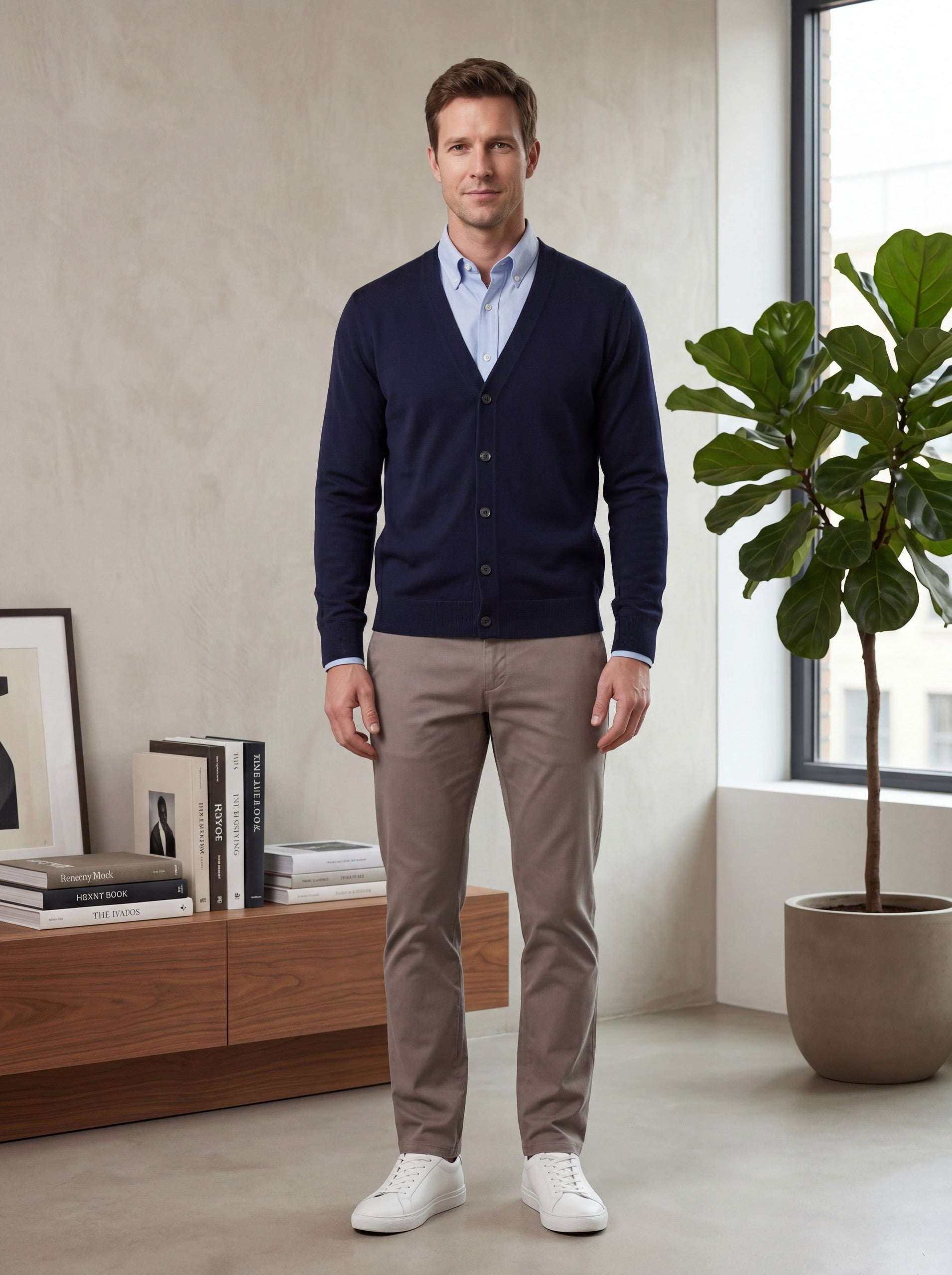 Solid V-Neck Wool Cardigan — Navy