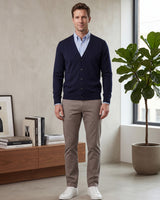 Solid V-Neck Wool Cardigan — Navy