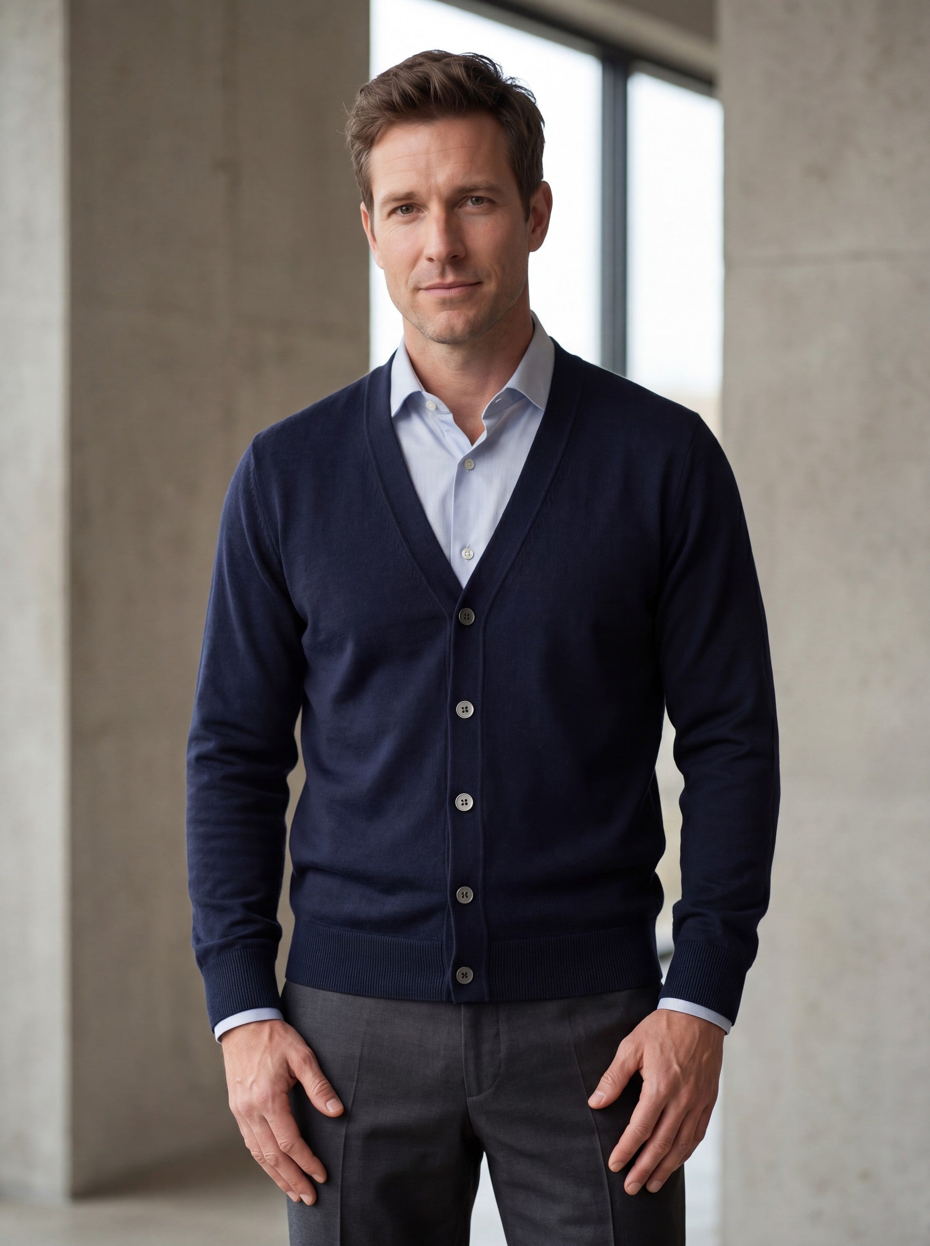 Solid V-Neck Wool Cardigan — Navy
