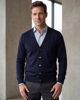 Solid V-Neck Wool Cardigan — Navy