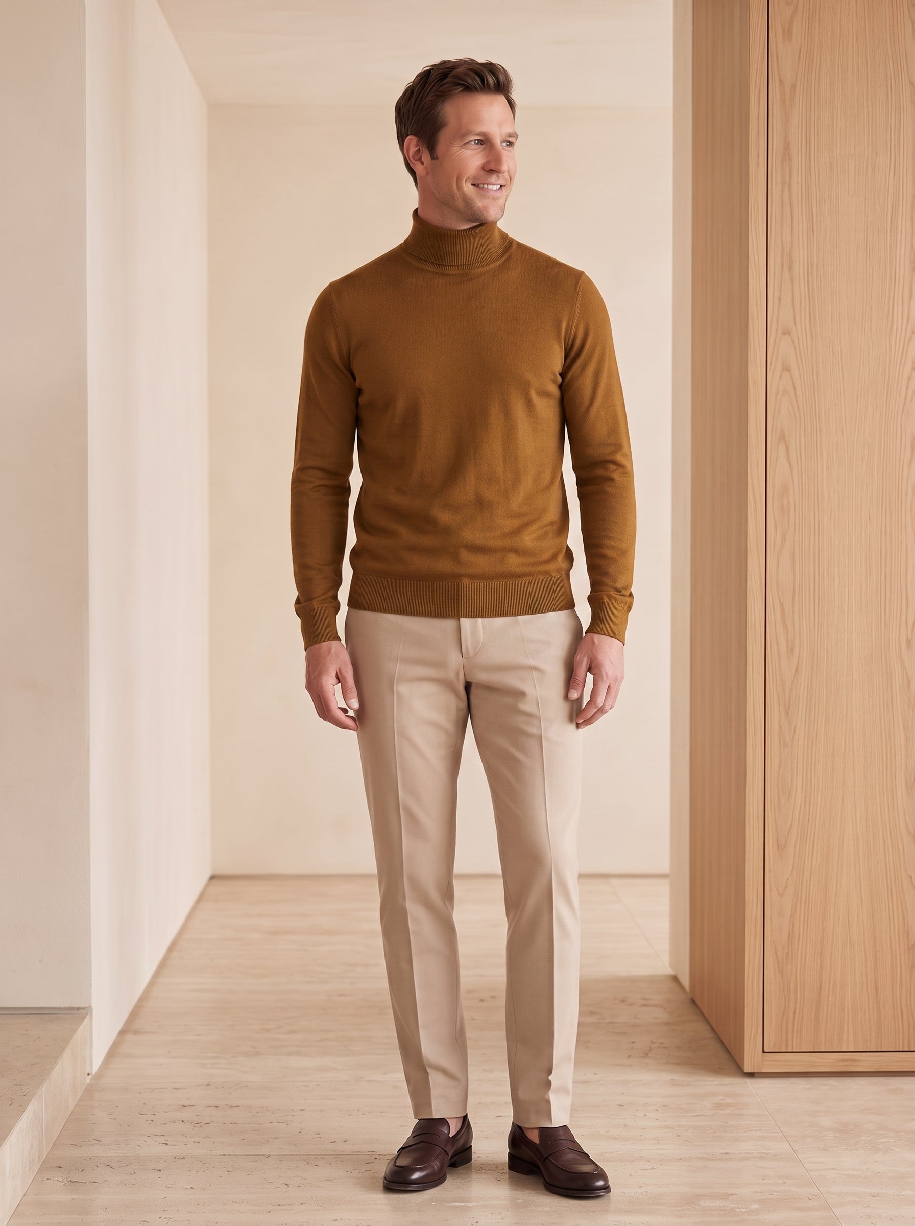 Lightweight Turtleneck Wool Sweater — Bronze