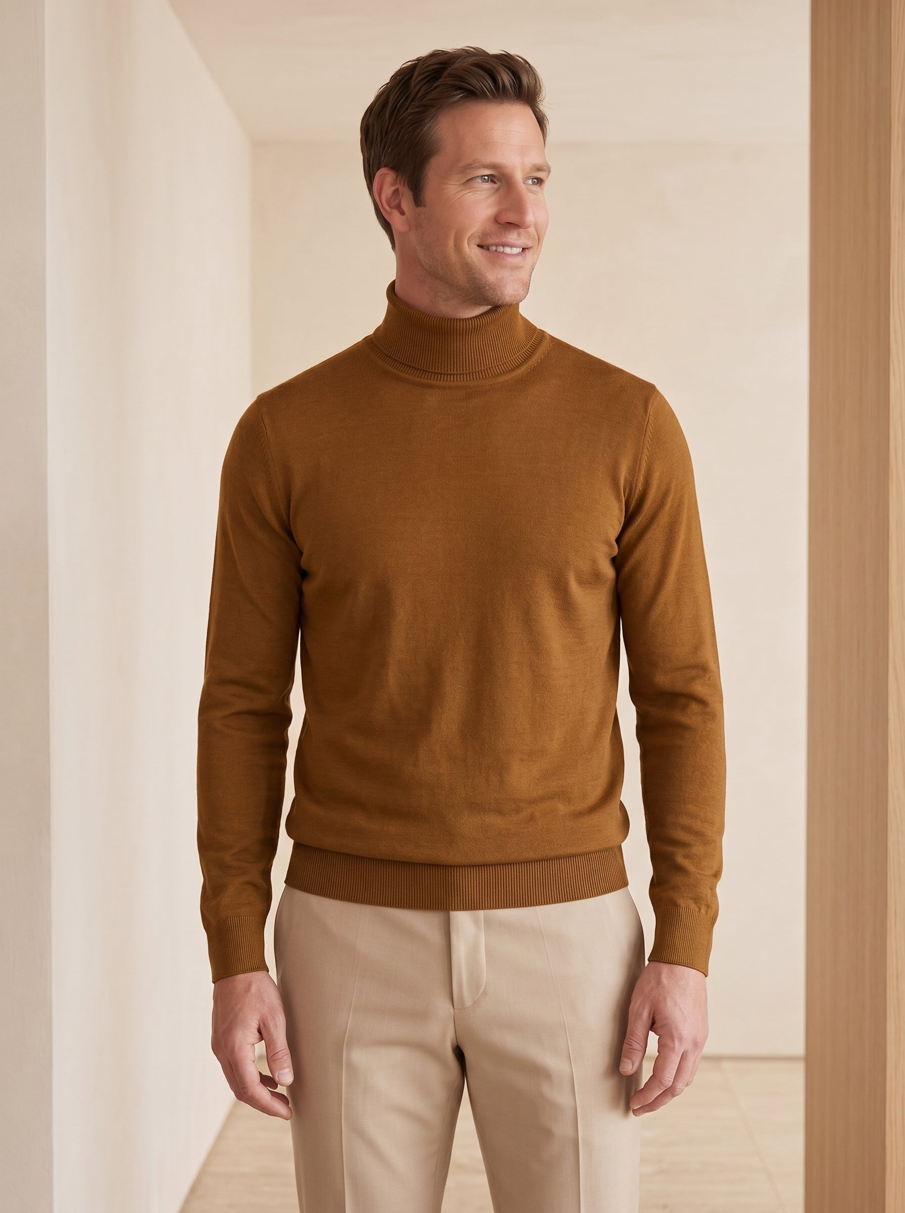 Lightweight Turtleneck Wool Sweater — Bronze