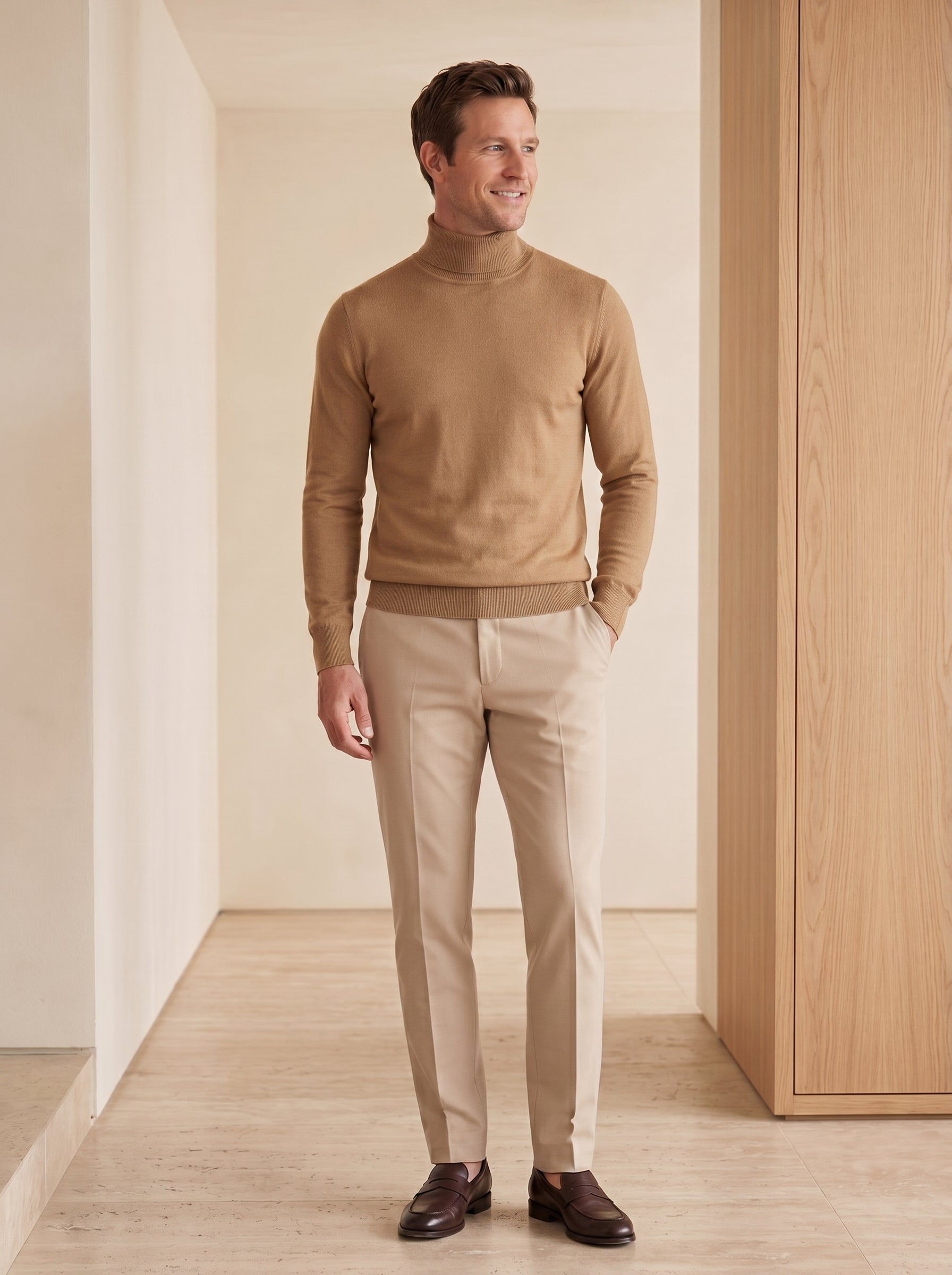 Lightweight Turtleneck Wool Sweater — Camel