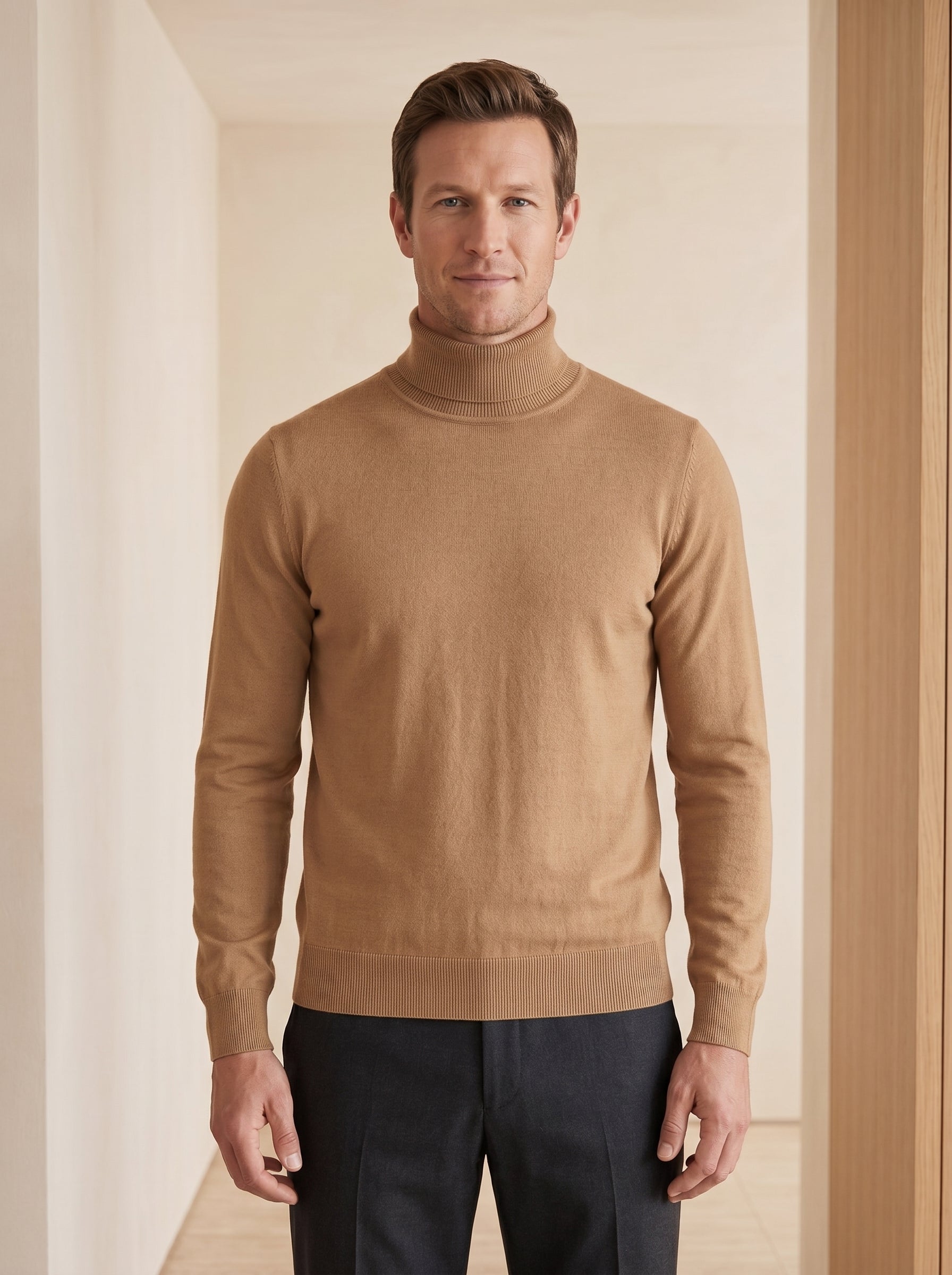 Lightweight Turtleneck Wool Sweater — Camel