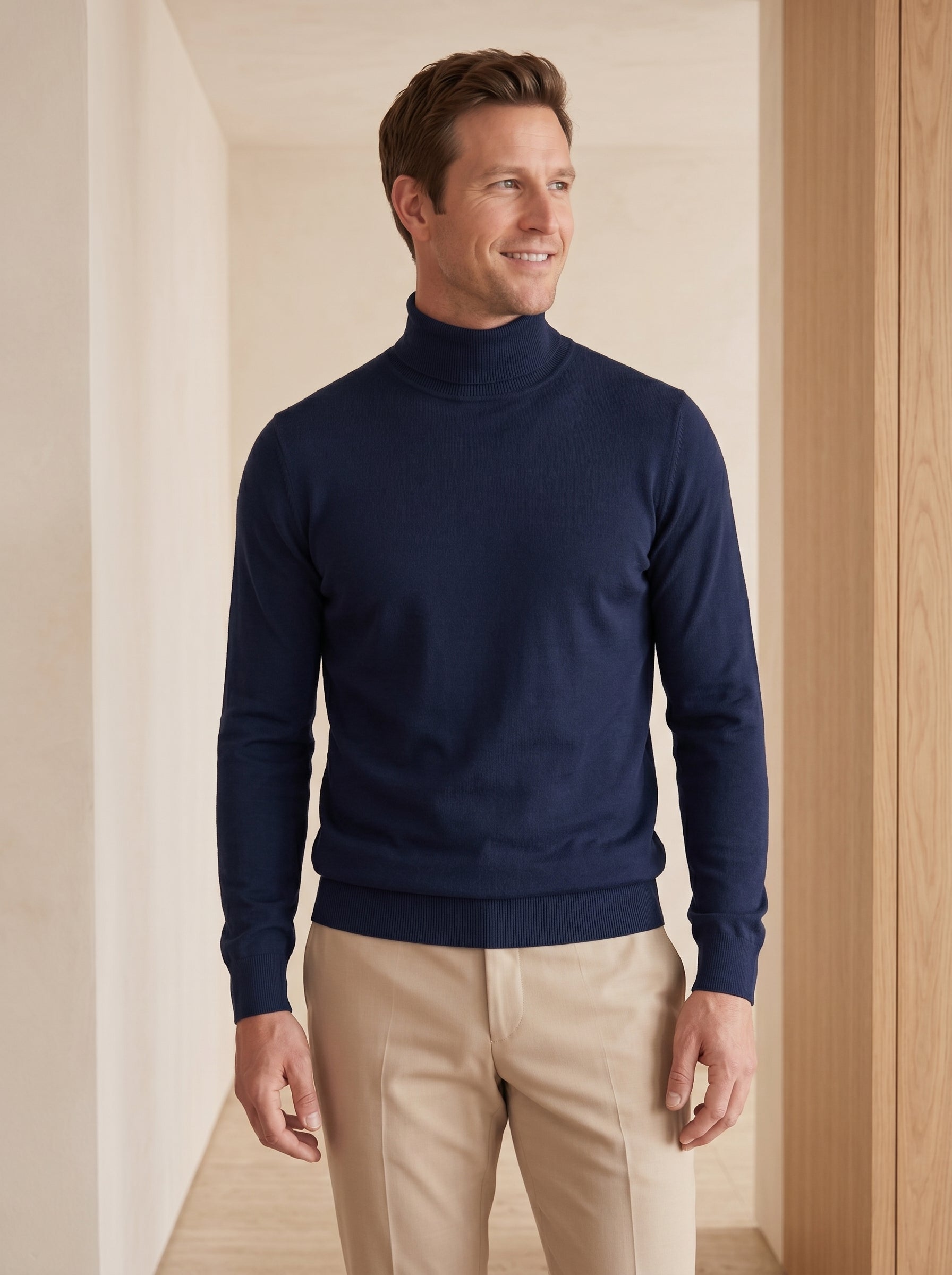 Lightweight Turtleneck Wool Sweater — Navy