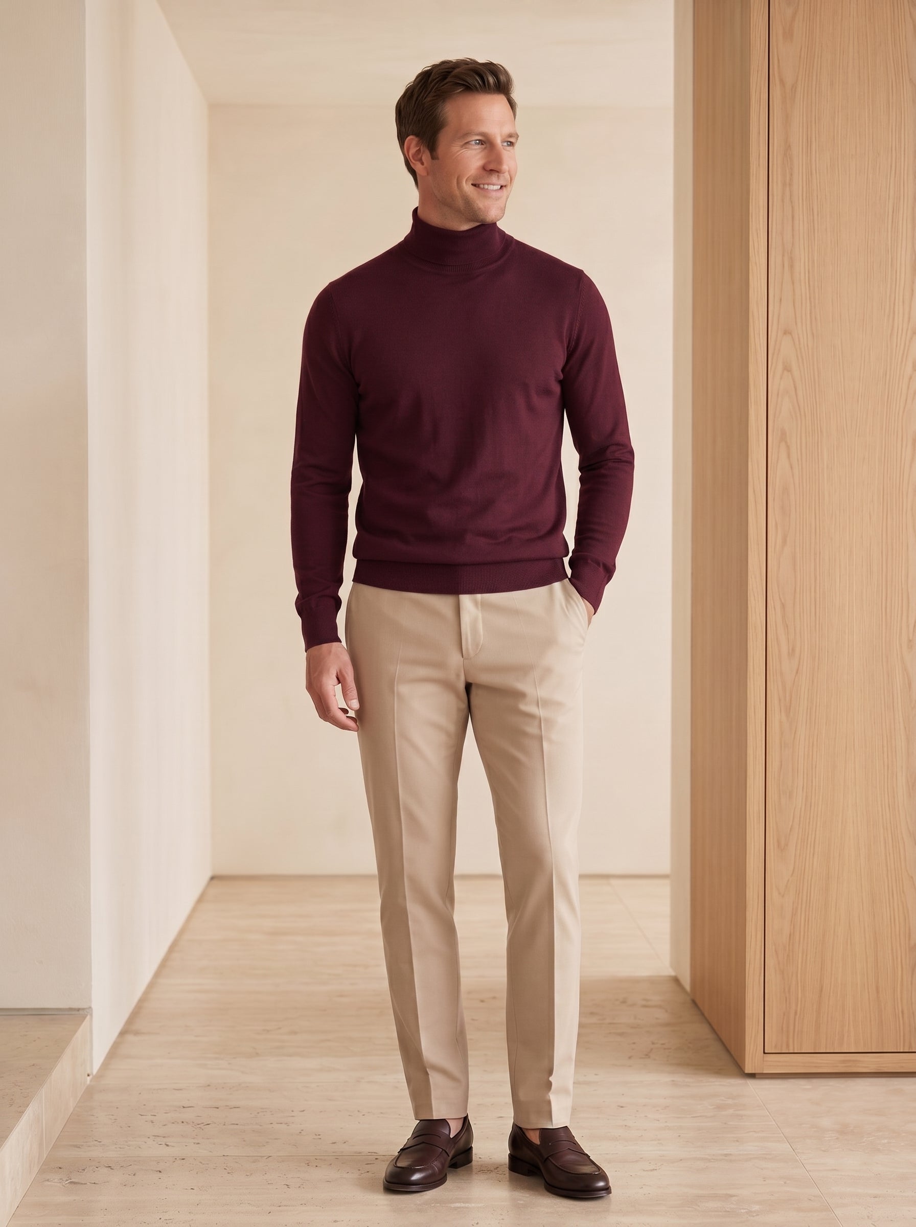 Lightweight Turtleneck Wool Sweater — Wine red