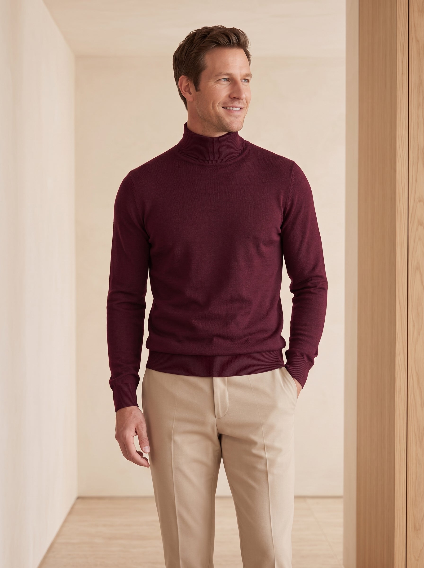 Lightweight Turtleneck Wool Sweater — Wine red
