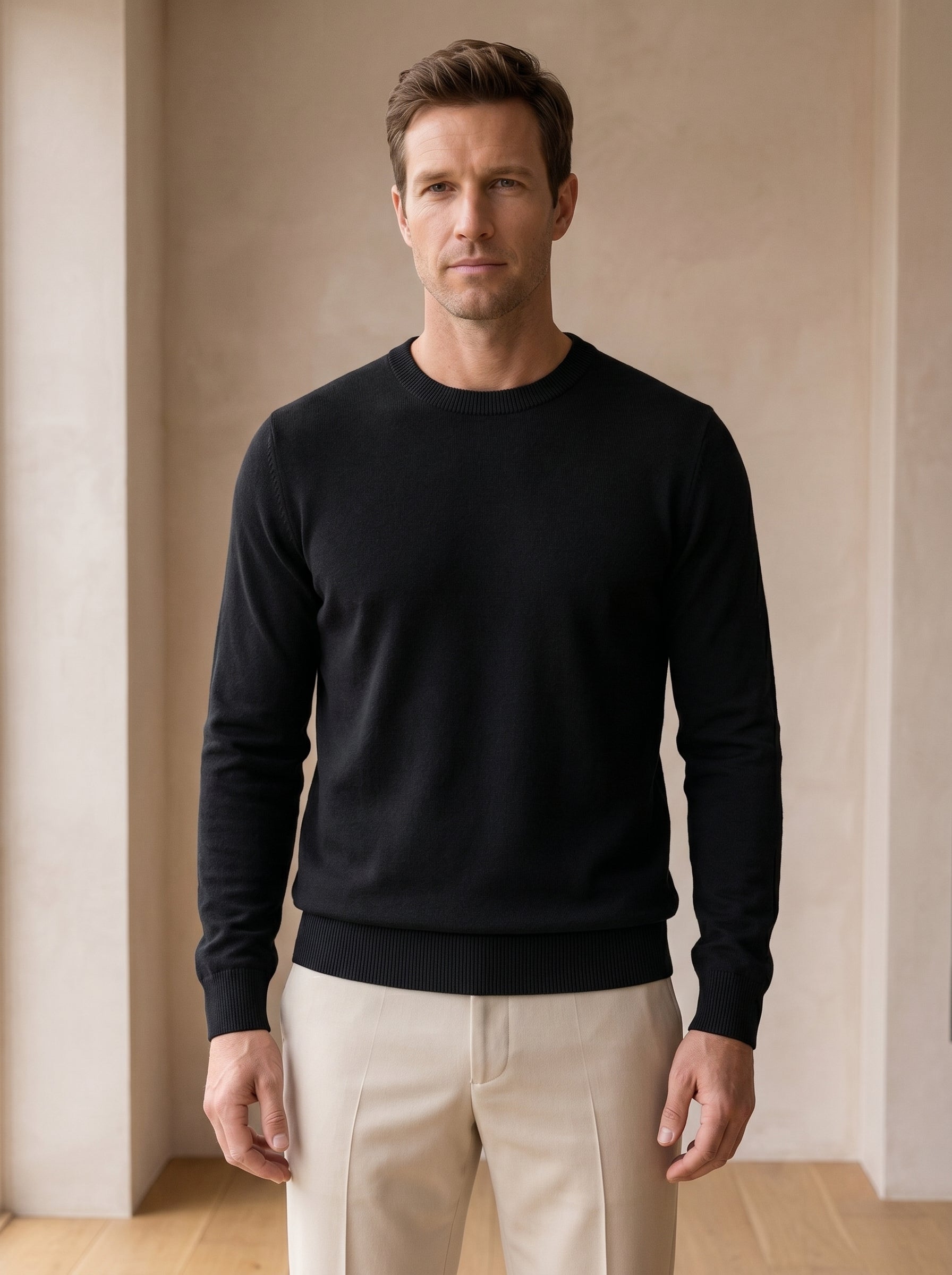 Lightweight Crew Neck Wool Sweater — Black