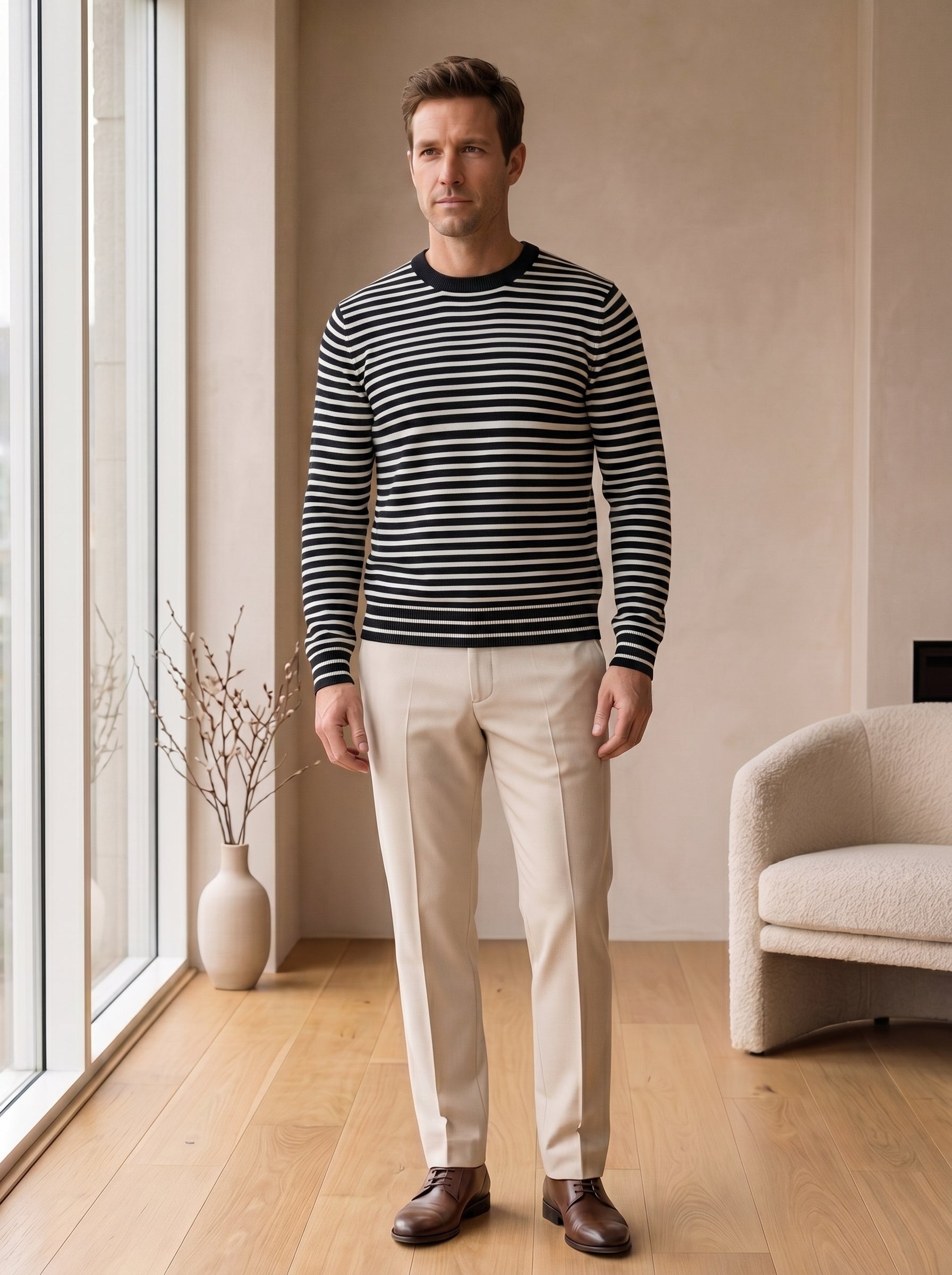 Lightweight Crew Neck Wool Sweater — Black_Pit stripe
