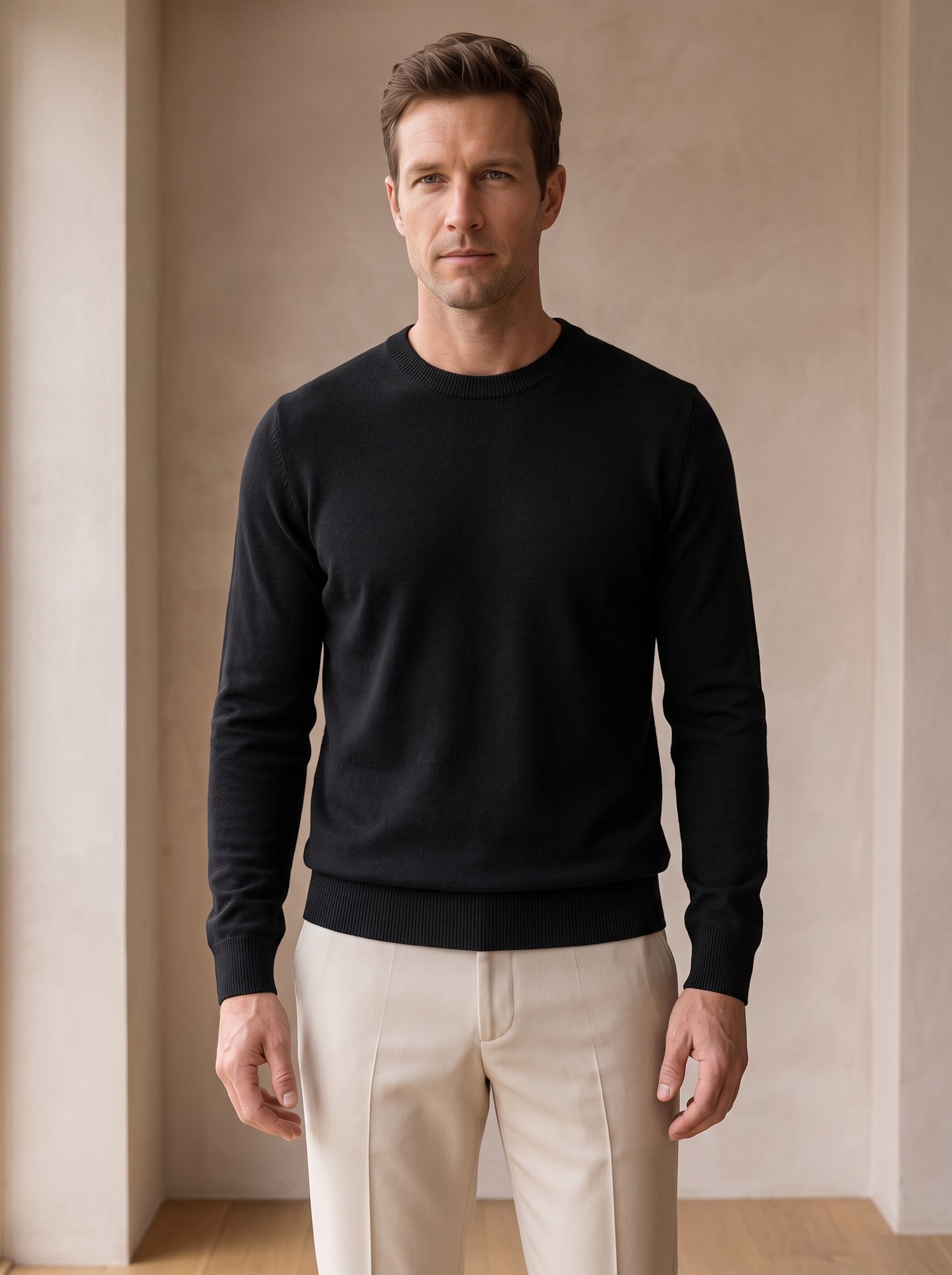 Lightweight Crew Neck Wool Sweater — Black_Pit stripe