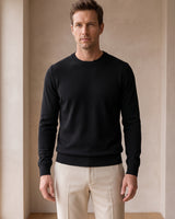 Lightweight Crew Neck Wool Sweater — Black_Pit stripe