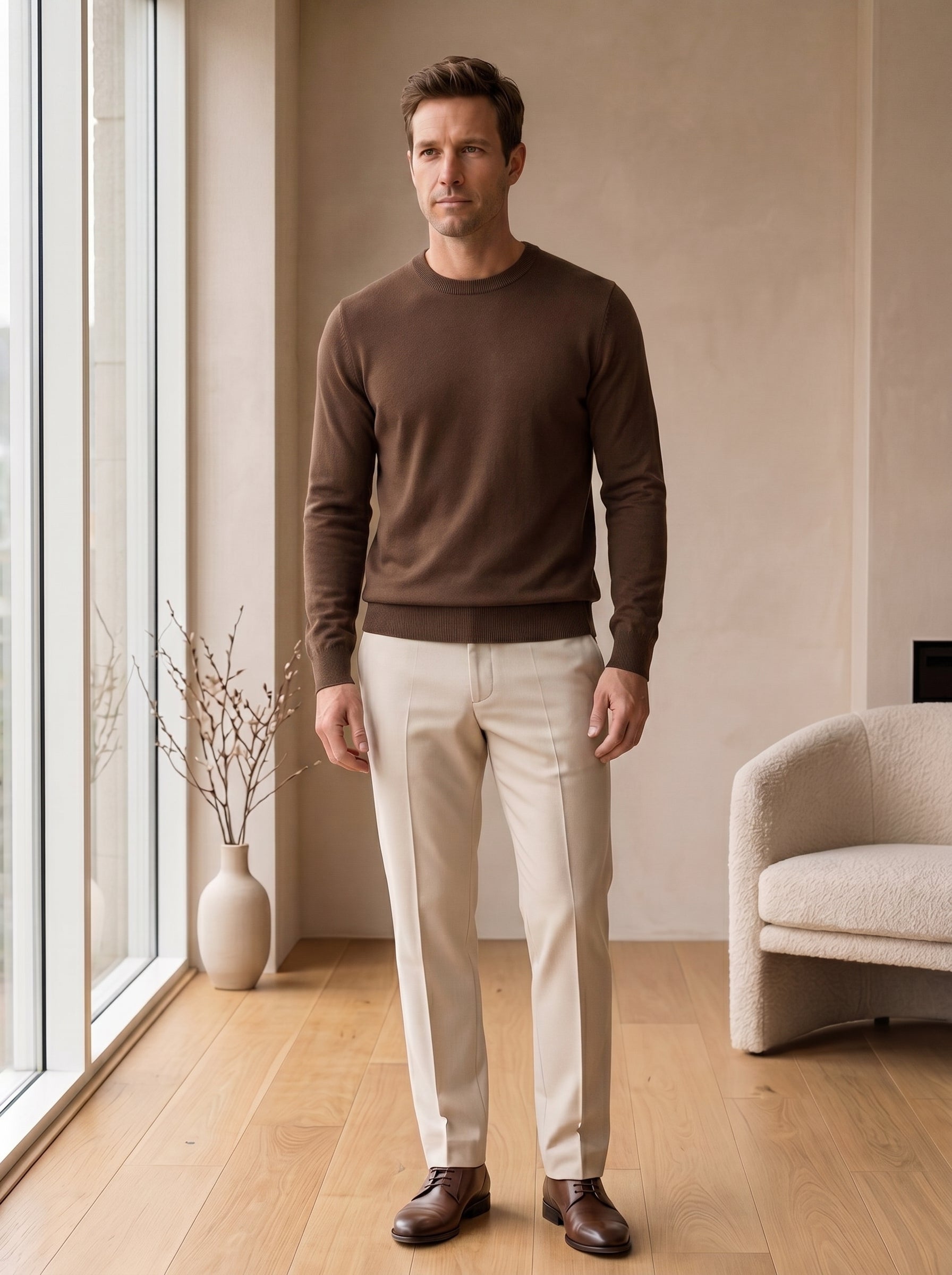 Lightweight Crew Neck Wool Sweater — Brown