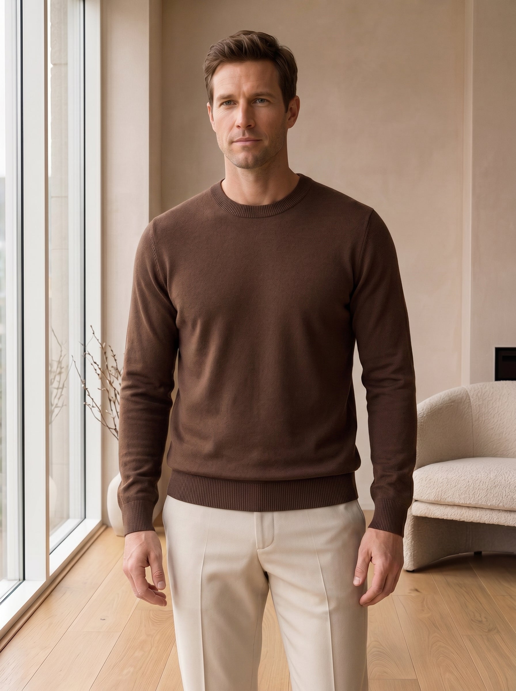 Lightweight Crew Neck Wool Sweater — Brown