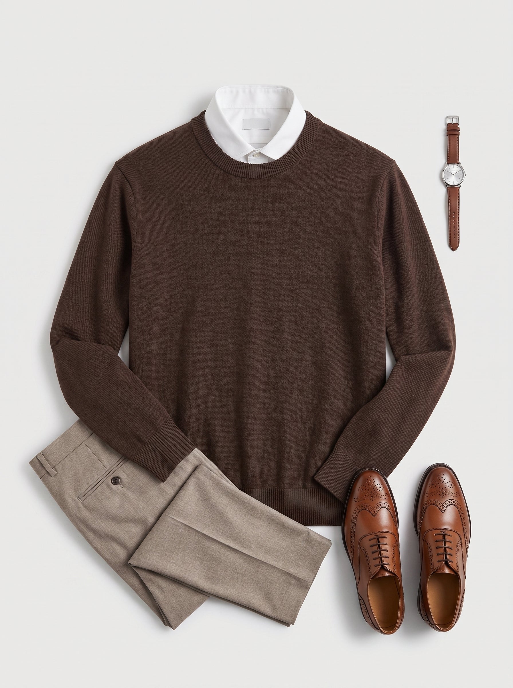 Lightweight Crew Neck Wool Sweater — Brown_Pit stripe