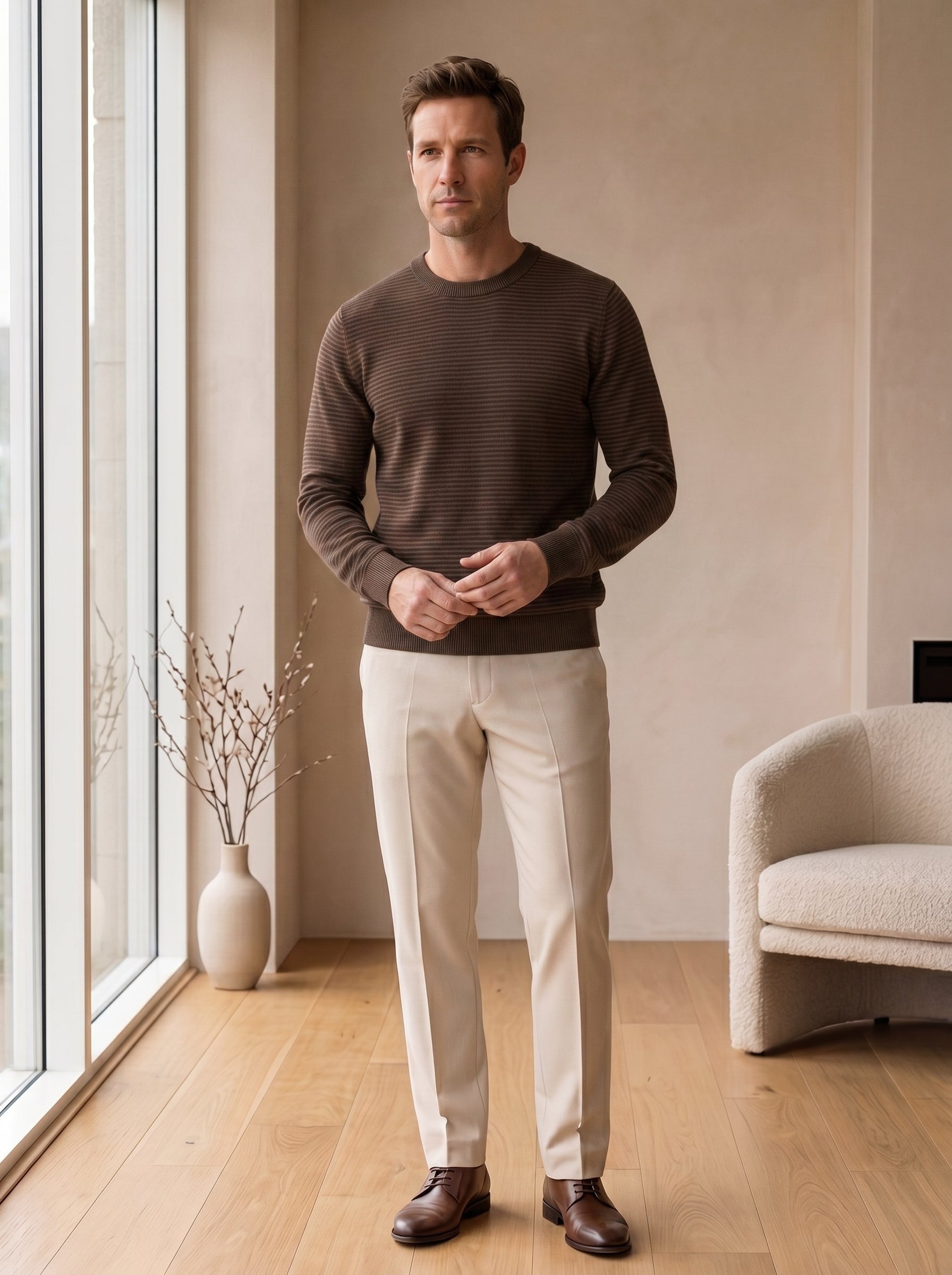 Lightweight Crew Neck Wool Sweater — Brown_Pit stripe