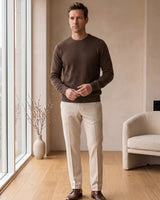 Lightweight Crew Neck Wool Sweater — Brown_Pit stripe