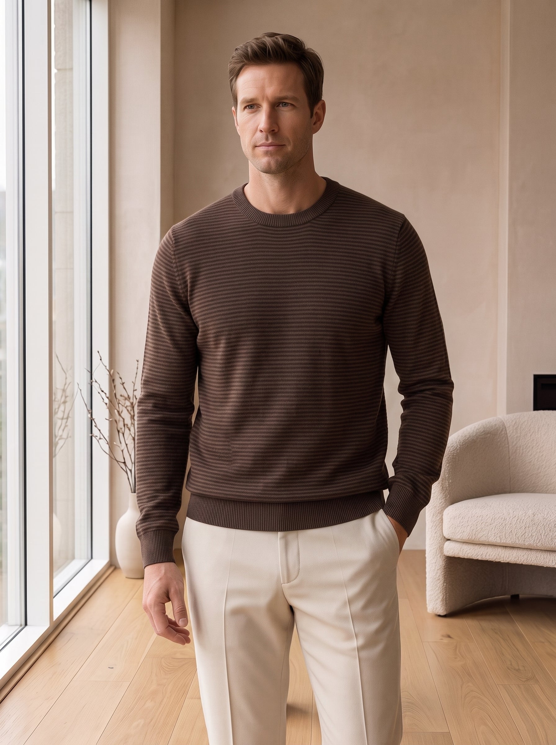 Lightweight Crew Neck Wool Sweater — Brown_Pit stripe