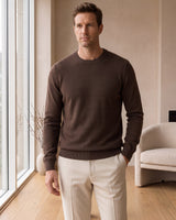 Lightweight Crew Neck Wool Sweater — Brown_Pit stripe