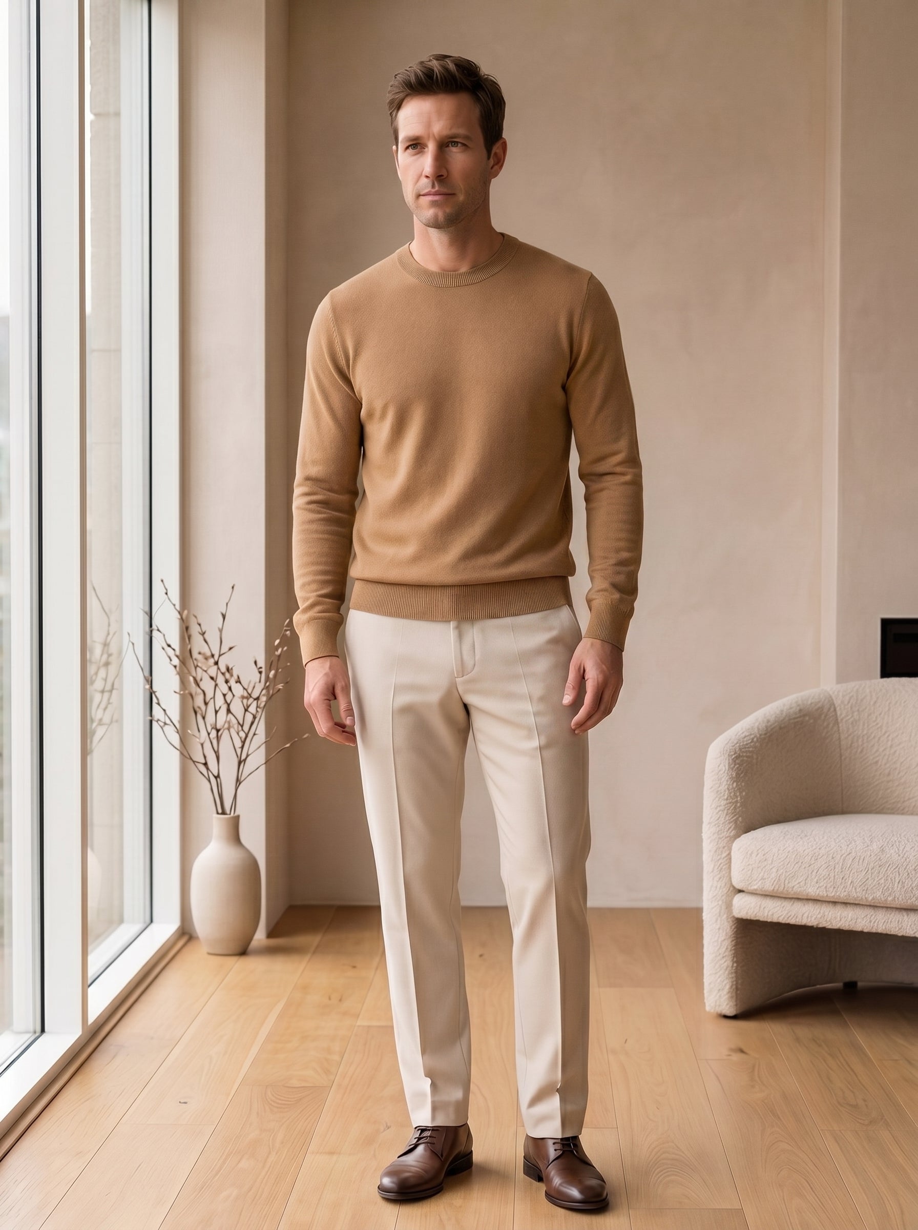 Lightweight Crew Neck Wool Sweater — Camel