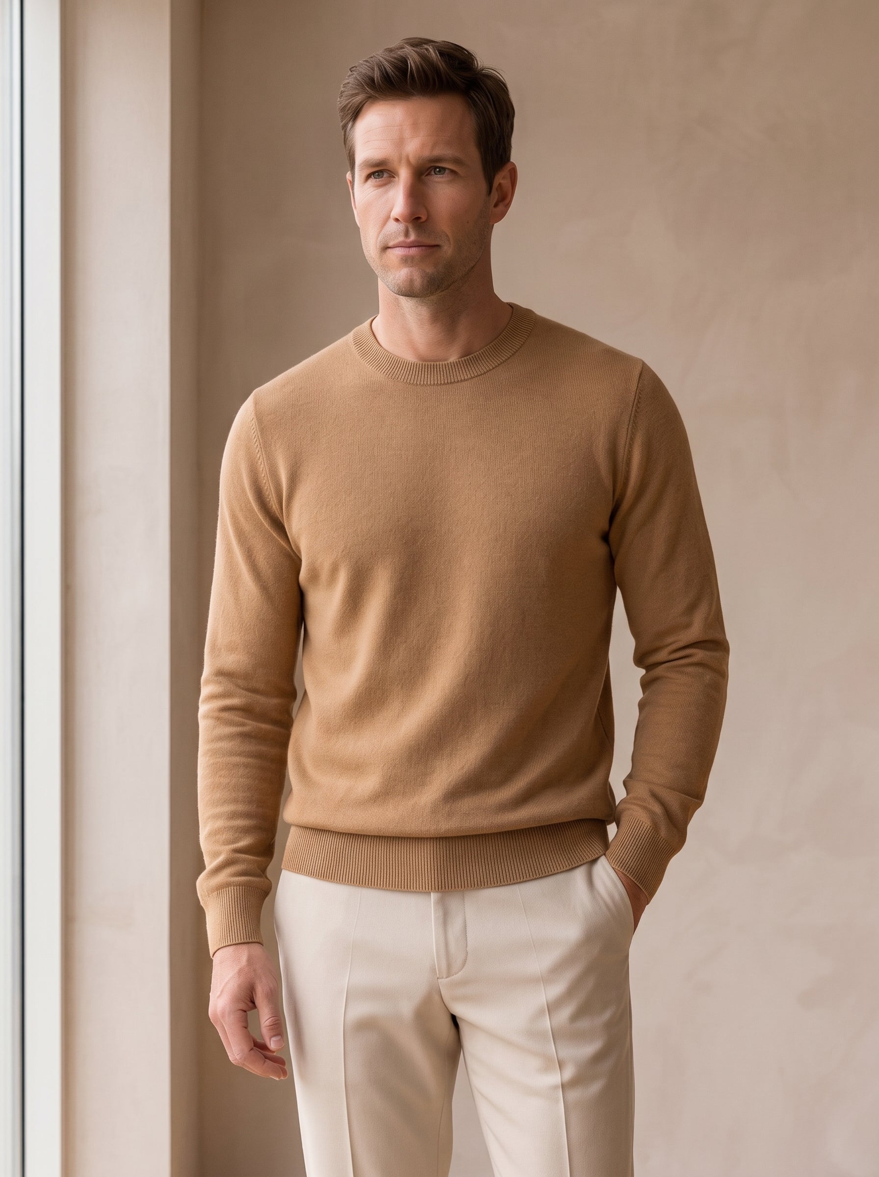 Lightweight Crew Neck Wool Sweater — Camel