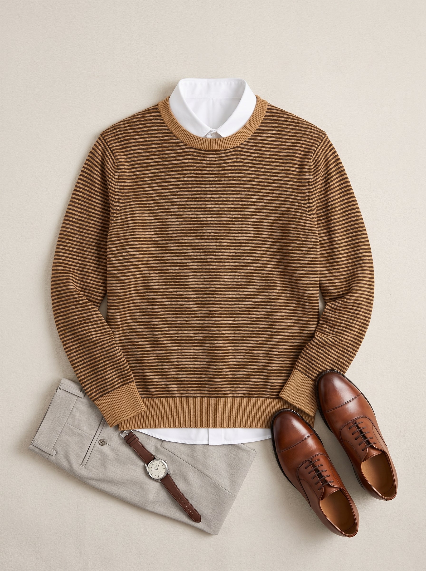 Lightweight Crew Neck Wool Sweater — Camel_Pit stripe