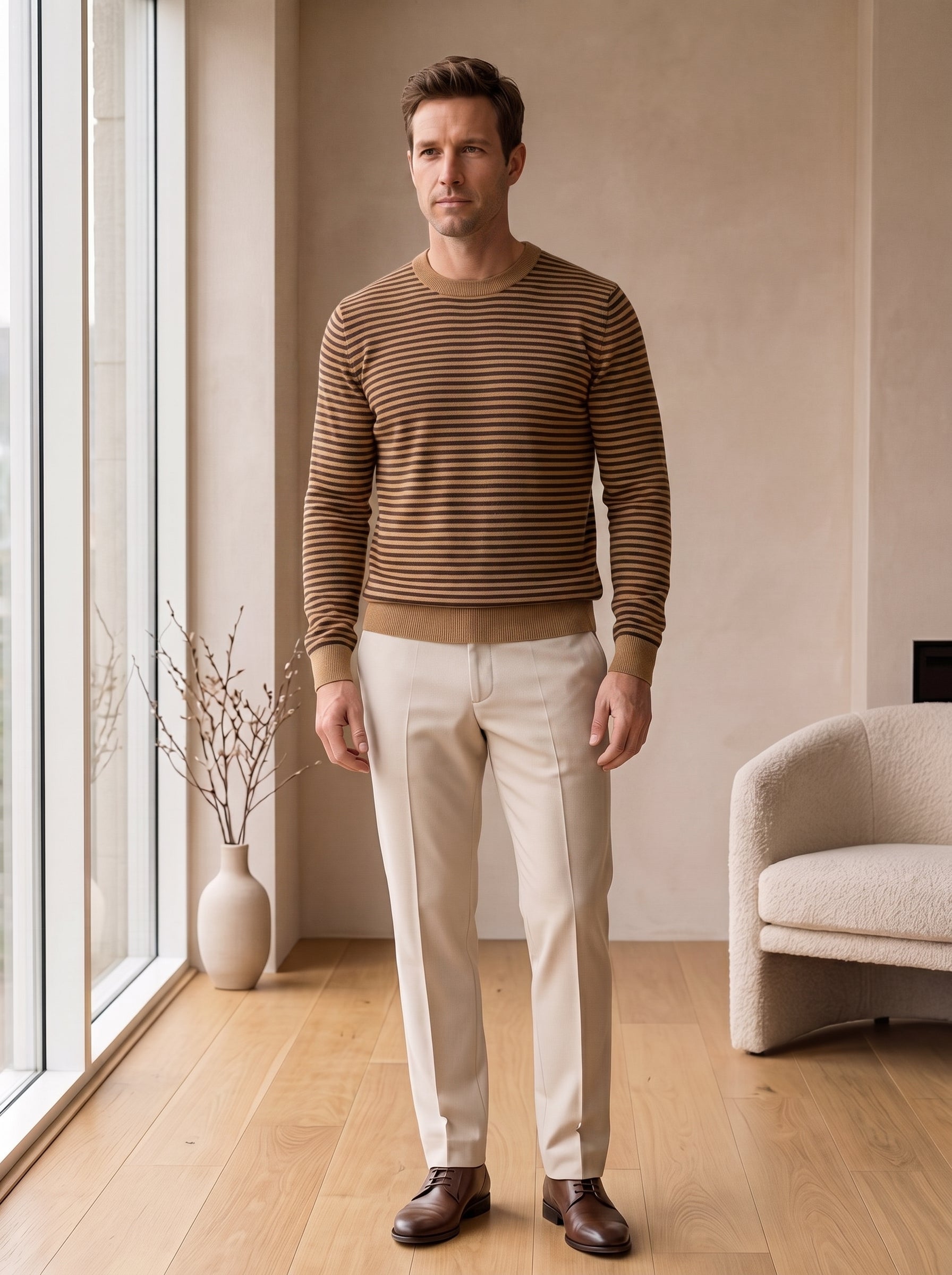Lightweight Crew Neck Wool Sweater — Camel_Pit stripe