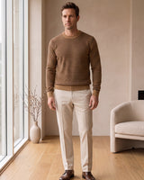 Lightweight Crew Neck Wool Sweater — Camel_Pit stripe