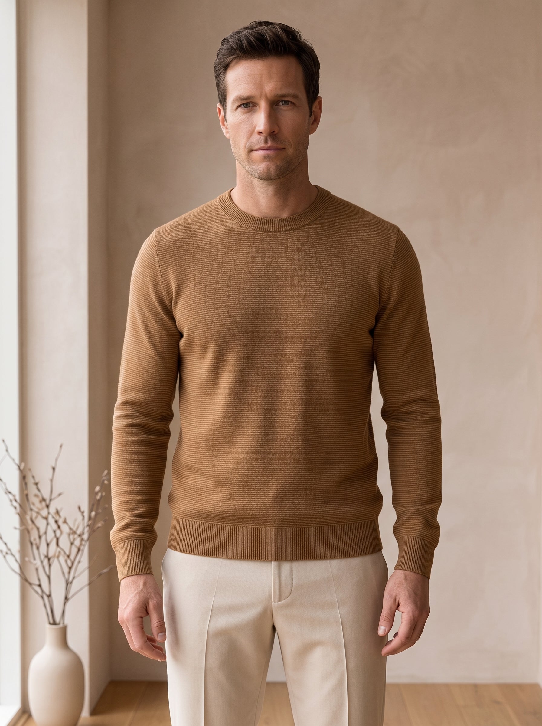 Lightweight Crew Neck Wool Sweater — Camel_Pit stripe