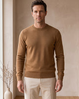Lightweight Crew Neck Wool Sweater — Camel_Pit stripe
