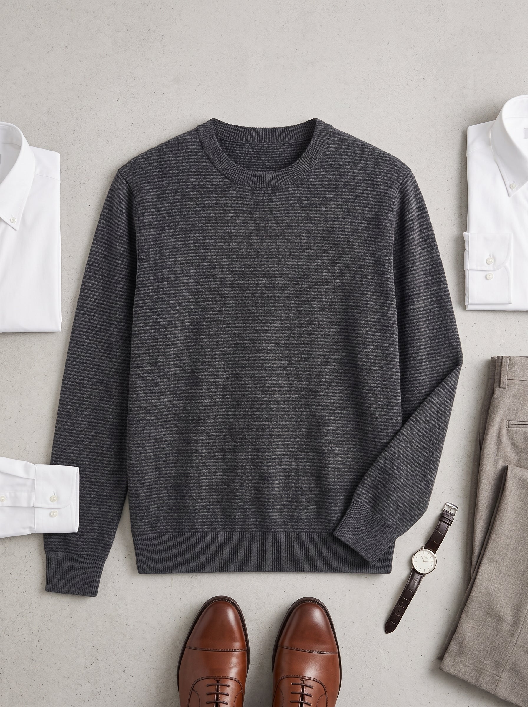 Lightweight Crew Neck Wool Sweater — Dark grey_Pit stripe