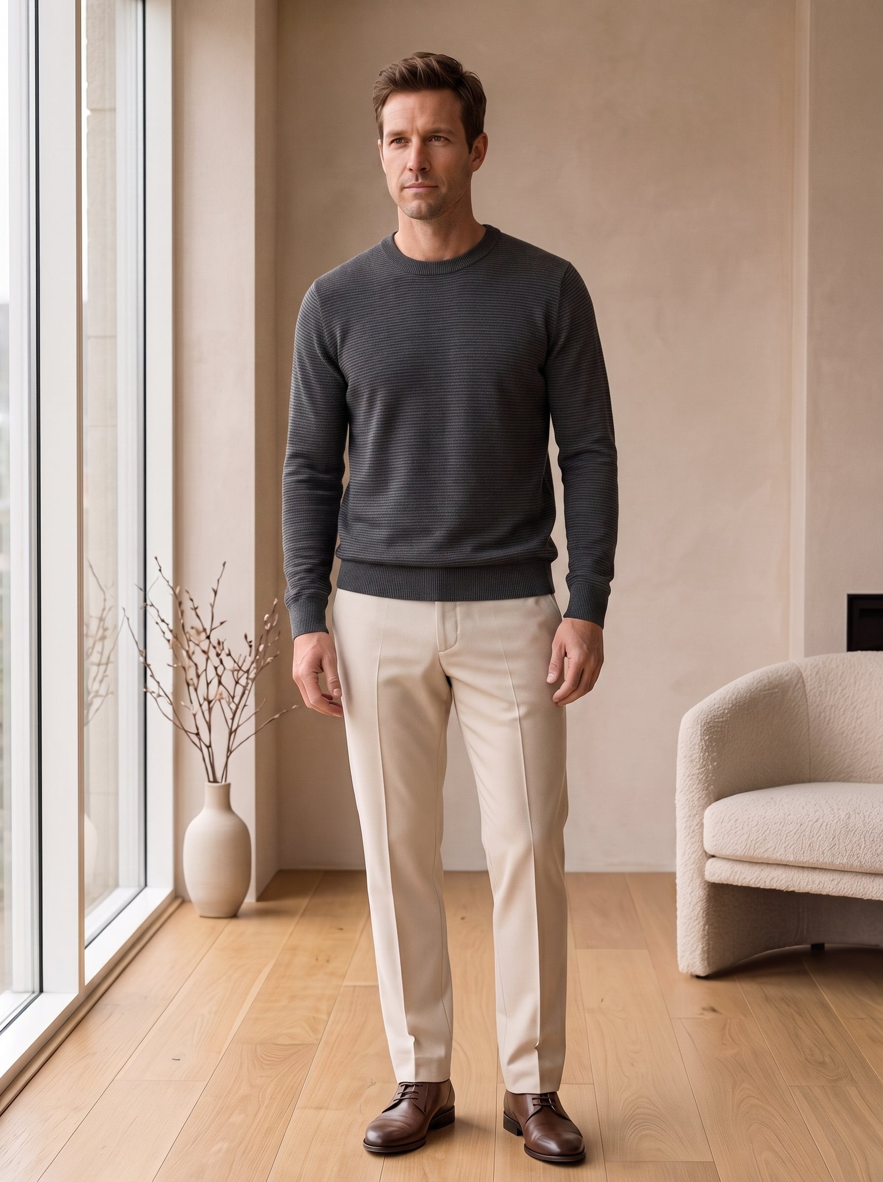 Lightweight Crew Neck Wool Sweater — Dark grey_Pit stripe