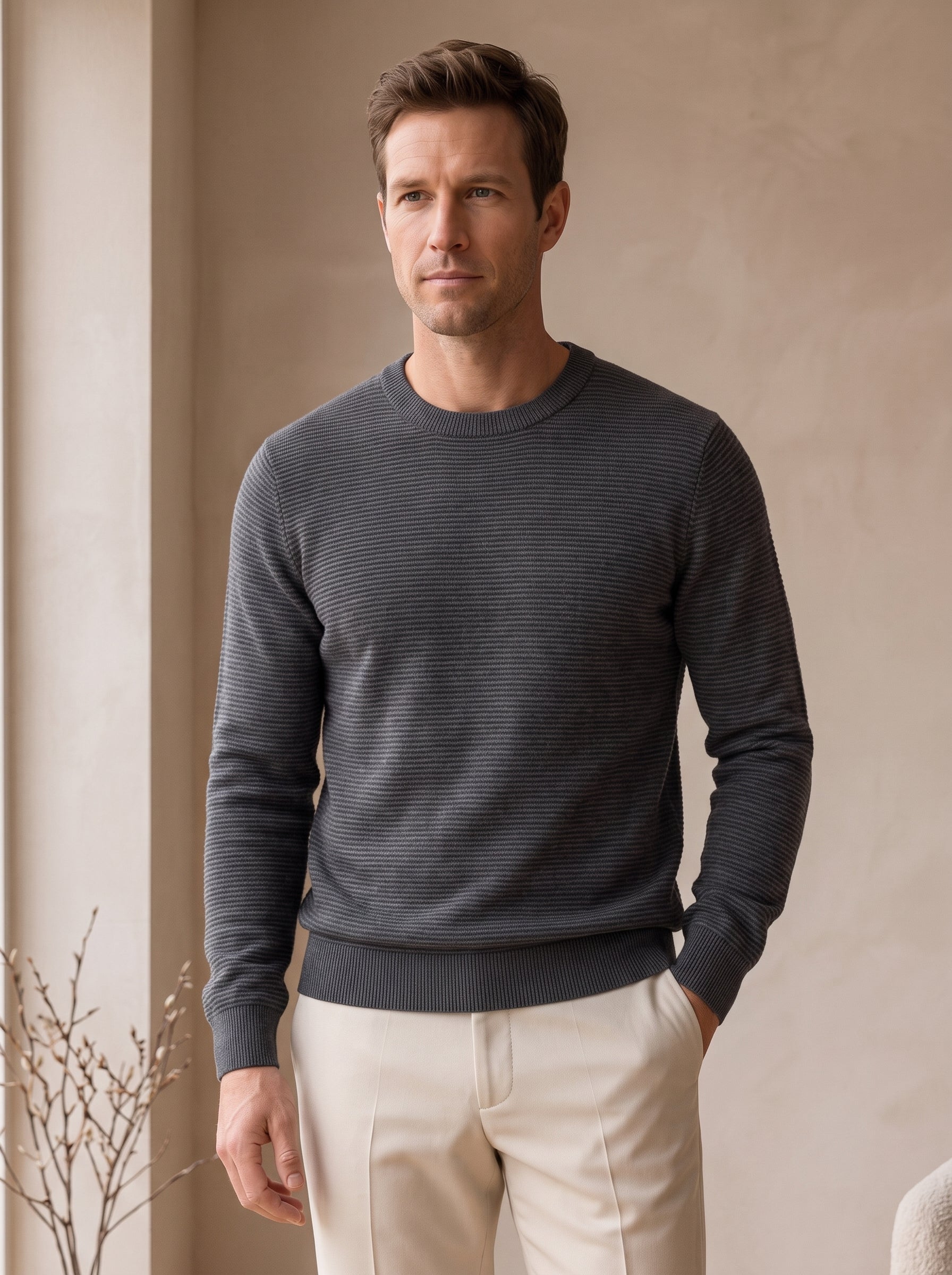 Lightweight Crew Neck Wool Sweater — Dark grey_Pit stripe