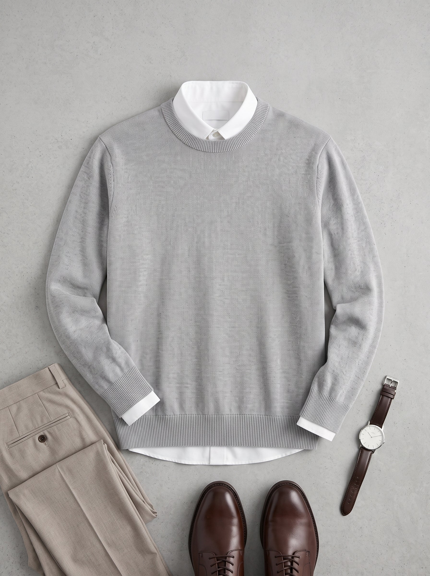 Lightweight Crew Neck Wool Sweater — Light grey