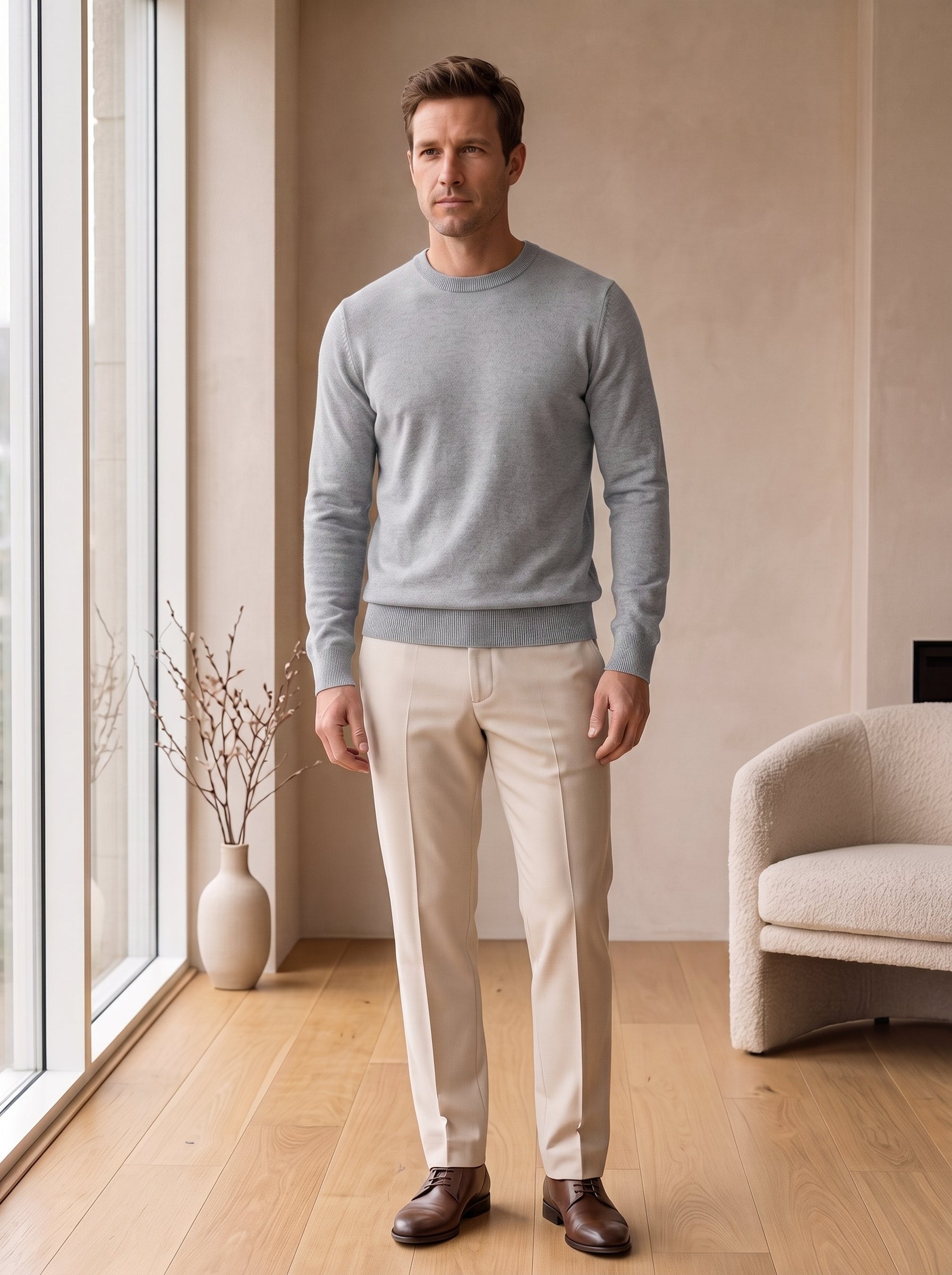 Lightweight Crew Neck Wool Sweater — Light grey