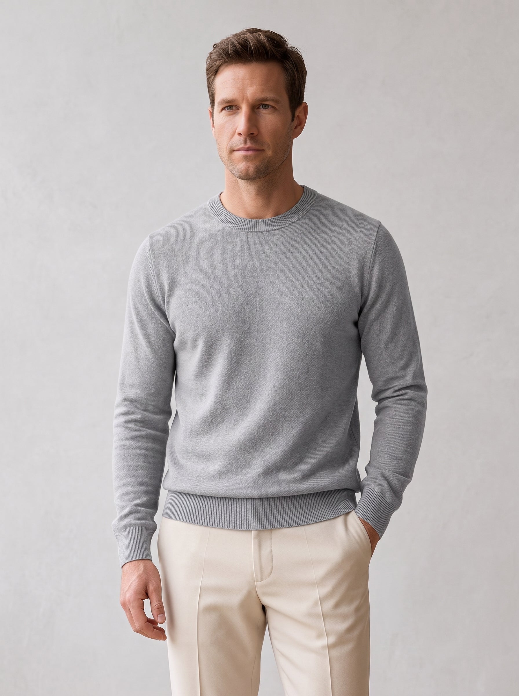 Lightweight Crew Neck Wool Sweater — Light grey