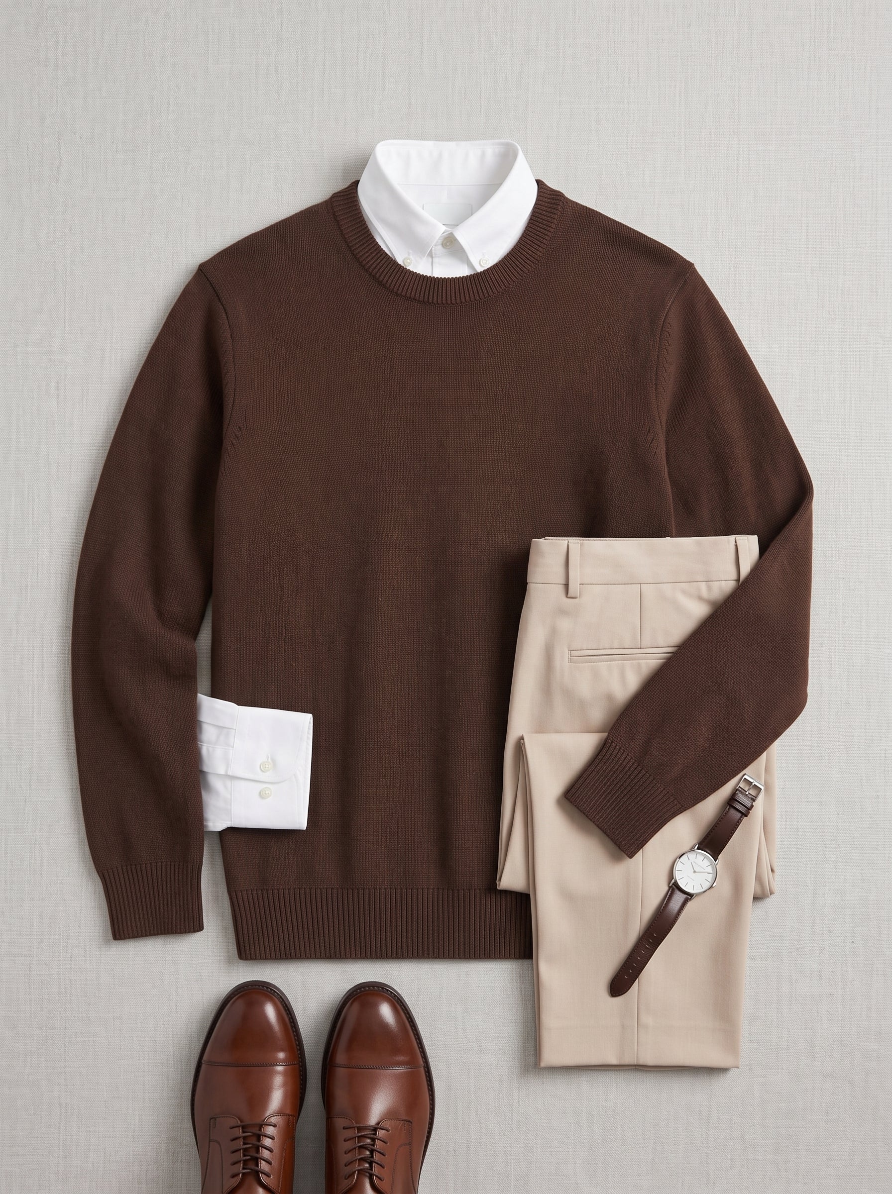 Classic Crew Neck Wool Sweater — Brown