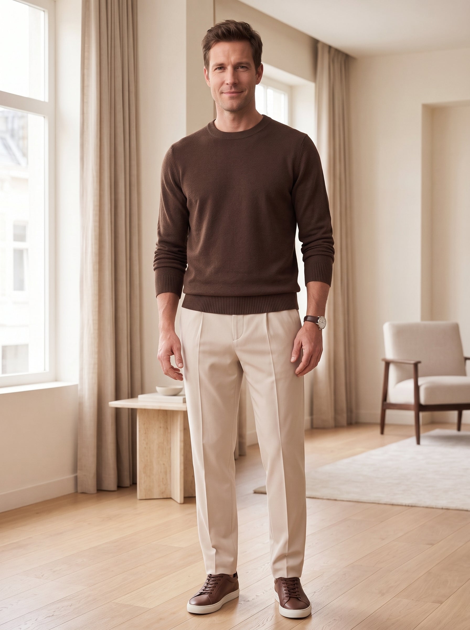 Classic Crew Neck Wool Sweater — Brown